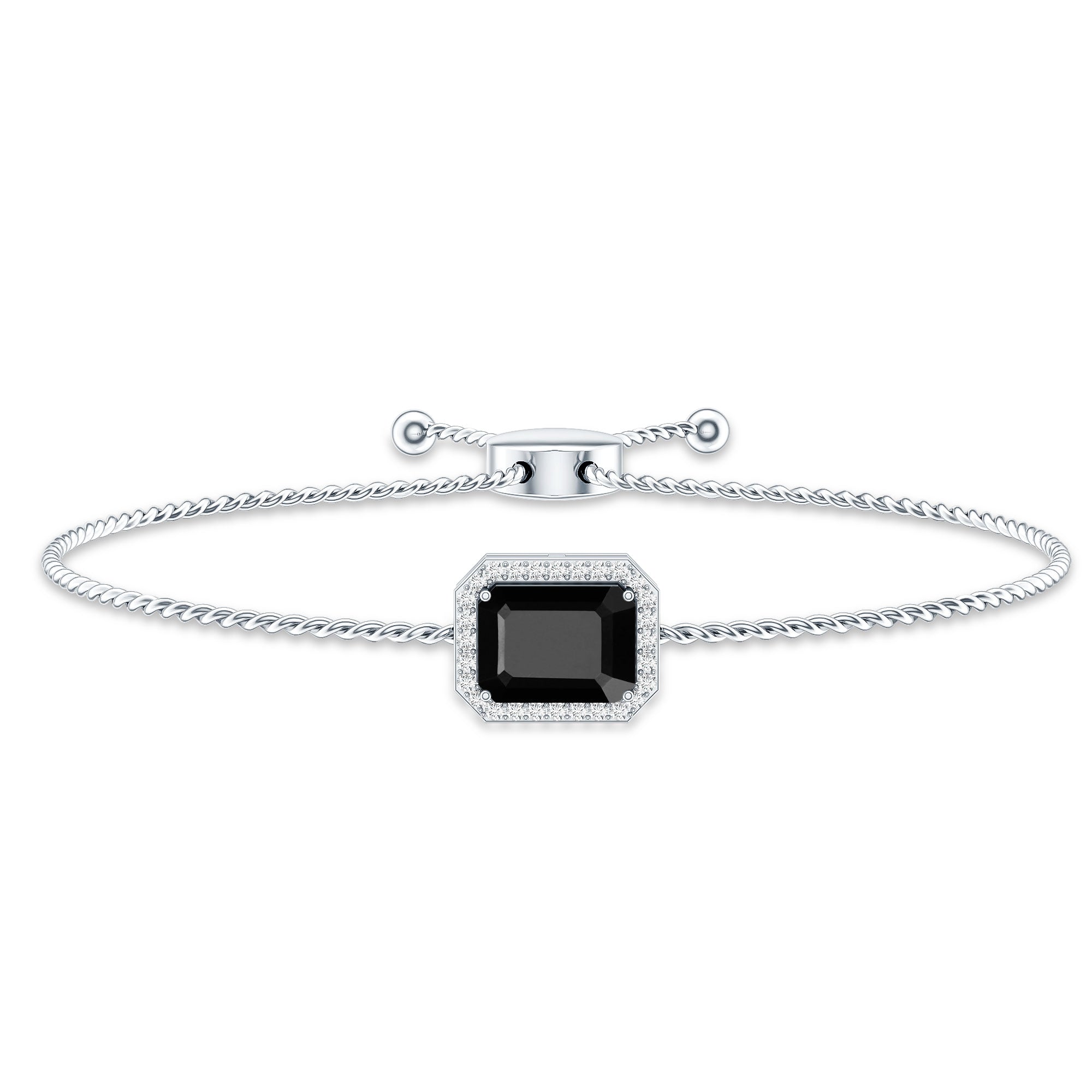 Natural 1.8 Carat Emerald Cut Black Onyx Bolo Bracelet with Diamond Halo AAA - Rosec Jewels
