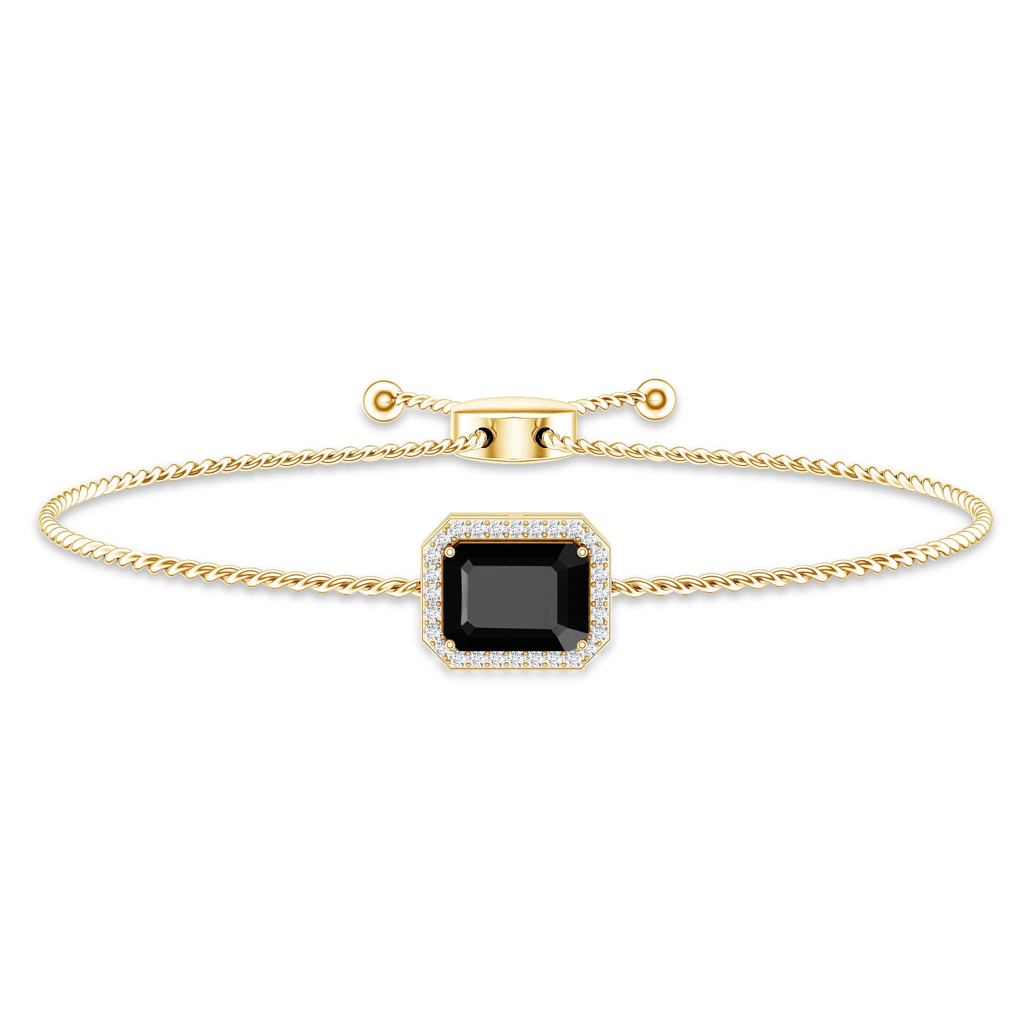 Natural 1.8 Carat Emerald Cut Black Onyx Bolo Bracelet with Diamond Halo AAA - Rosec Jewels