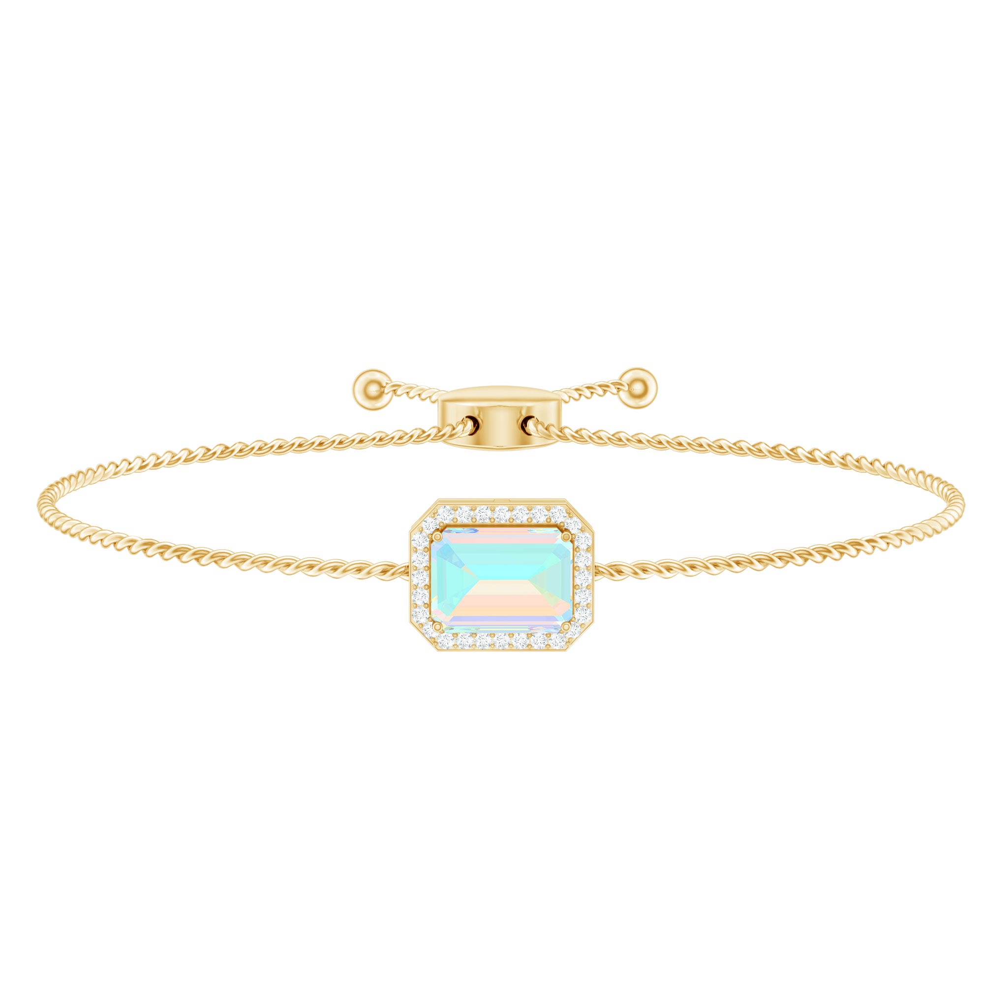 2 Carat Emerald Cut Ethiopian Opal and Diamond Bolo Chain Bracelet AAA - Rosec Jewels