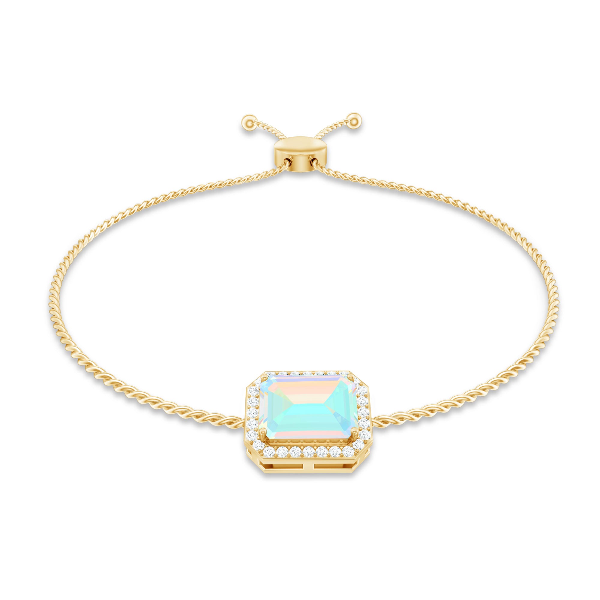 2 Carat Emerald Cut Ethiopian Opal and Diamond Bolo Chain Bracelet AAA - Rosec Jewels