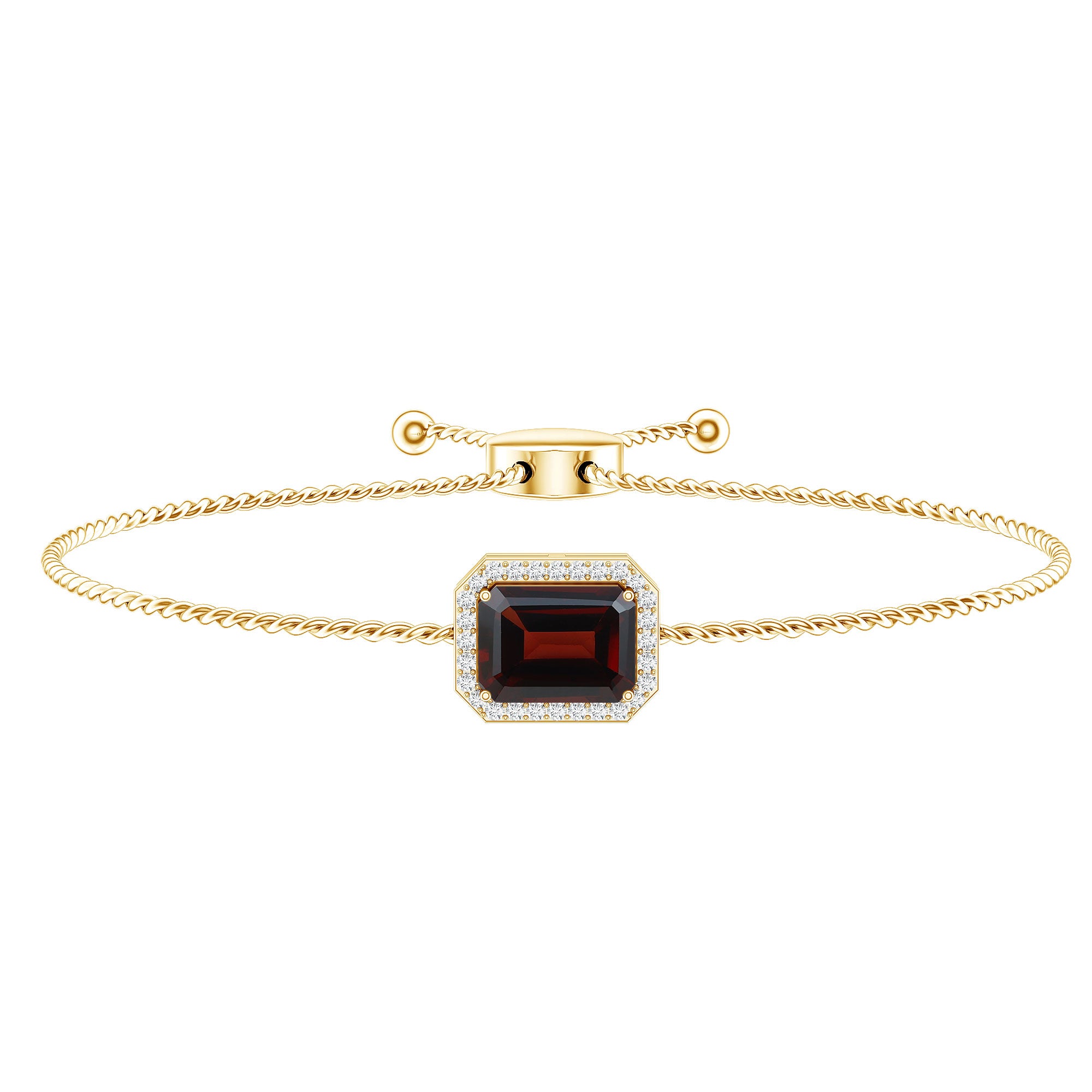 Real 2 Carat Emerald Cut Garnet Bolo Bracelet with Diamond Halo AAA - Rosec Jewels