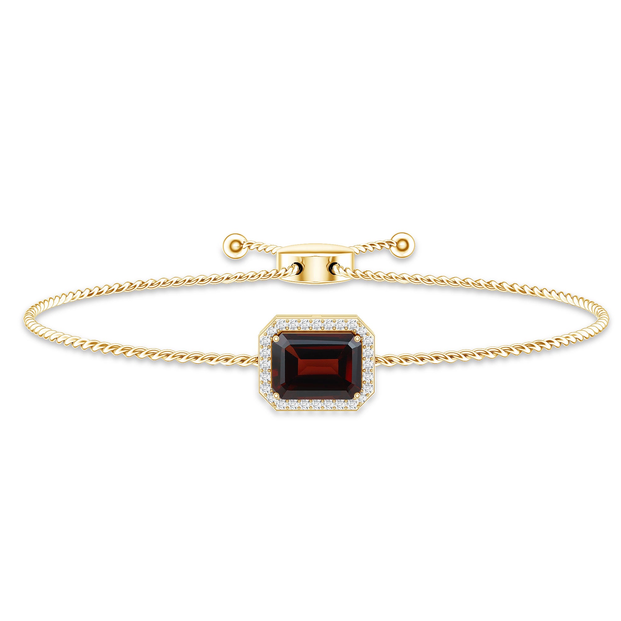 Real 2 Carat Emerald Cut Garnet Bolo Bracelet with Diamond Halo AAA - Rosec Jewels