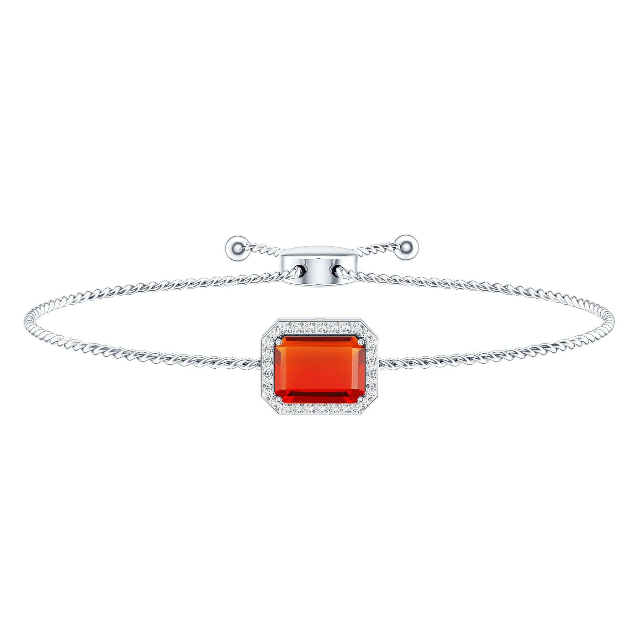 Real 1 Carat Emerald Cut Fire Opal Bolo Bracelet with Diamond Halo AAA - Rosec Jewels