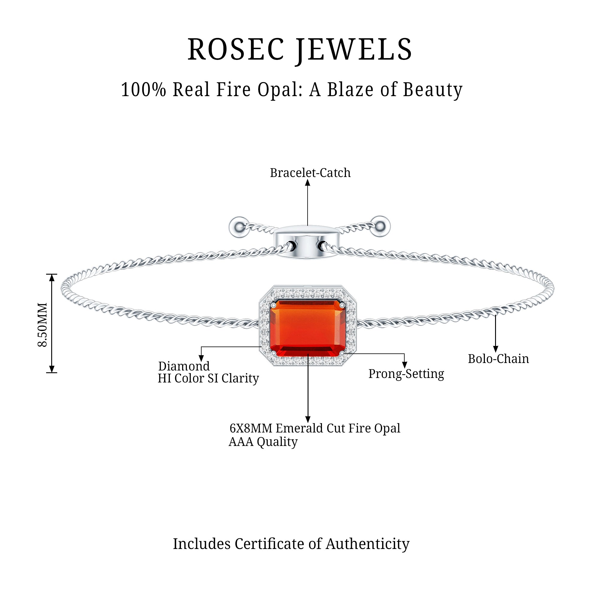 Real 1 Carat Emerald Cut Fire Opal Bolo Bracelet with Diamond Halo AAA - Rosec Jewels