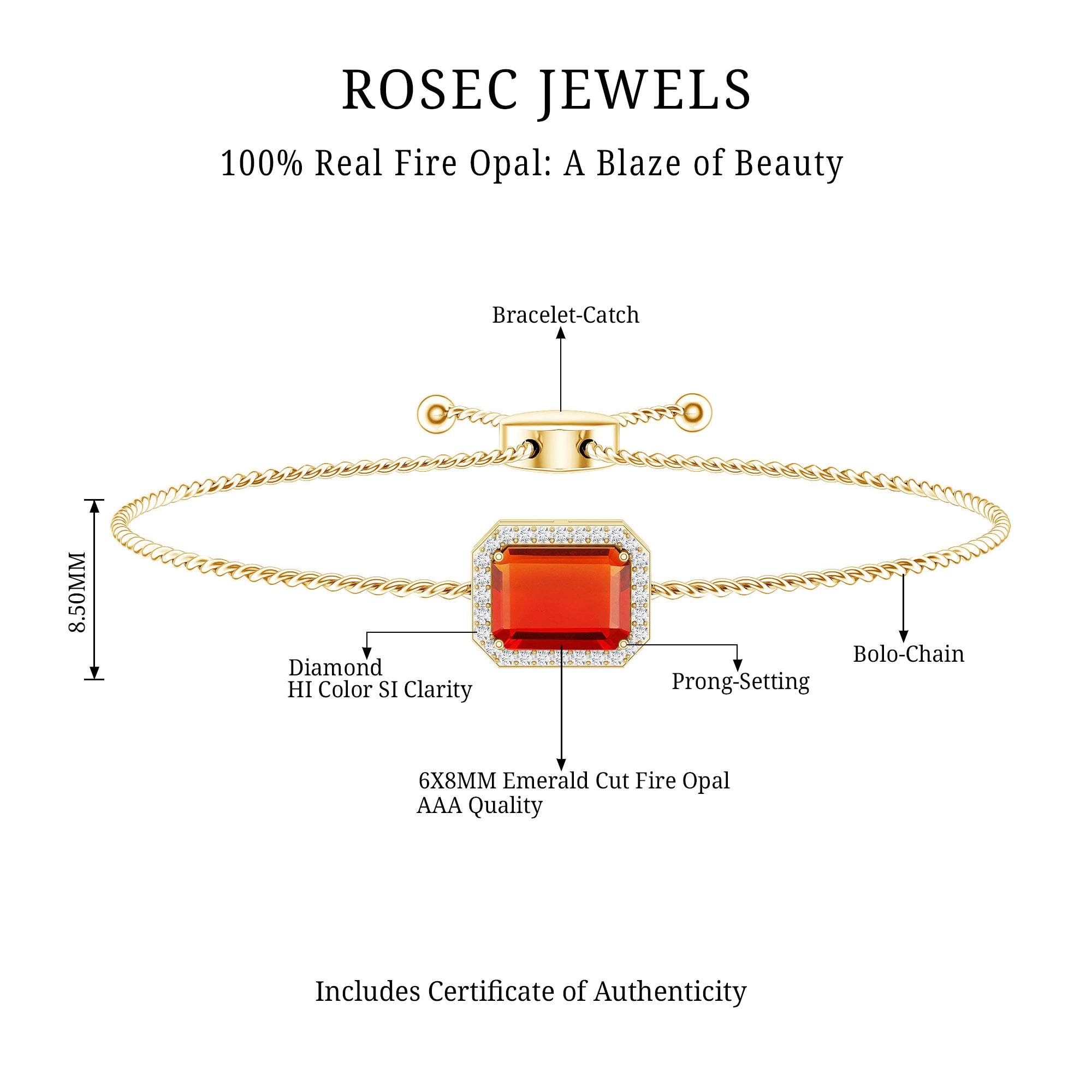Real 1 Carat Emerald Cut Fire Opal Bolo Bracelet with Diamond Halo AAA - Rosec Jewels