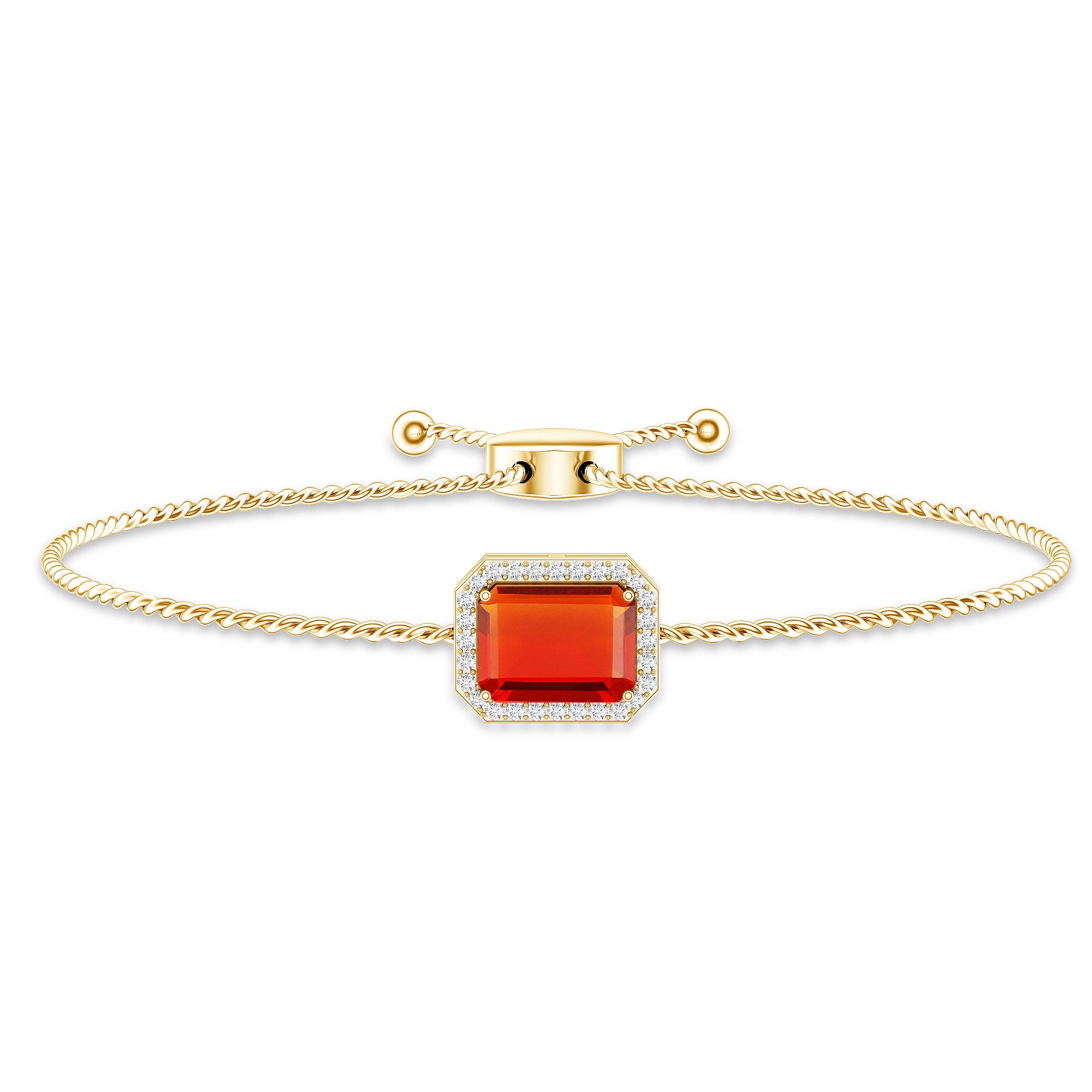Real 1 Carat Emerald Cut Fire Opal Bolo Bracelet with Diamond Halo AAA - Rosec Jewels