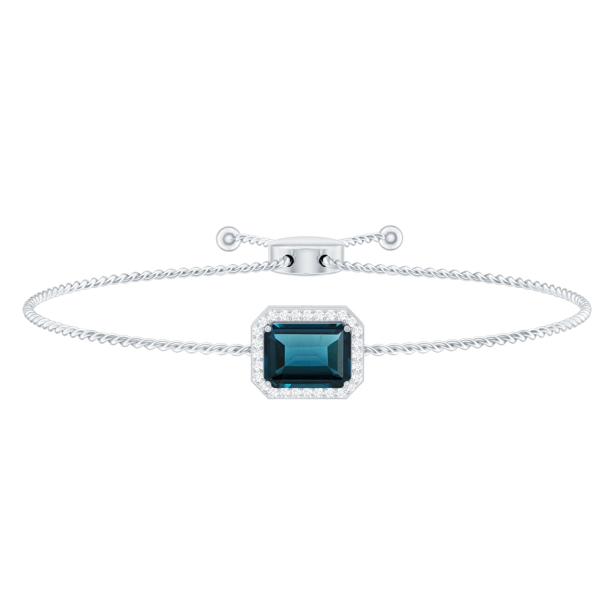 Emerald Cut London Blue Topaz and Diamond Bolo Chain Bracelet AAA - Rosec Jewels