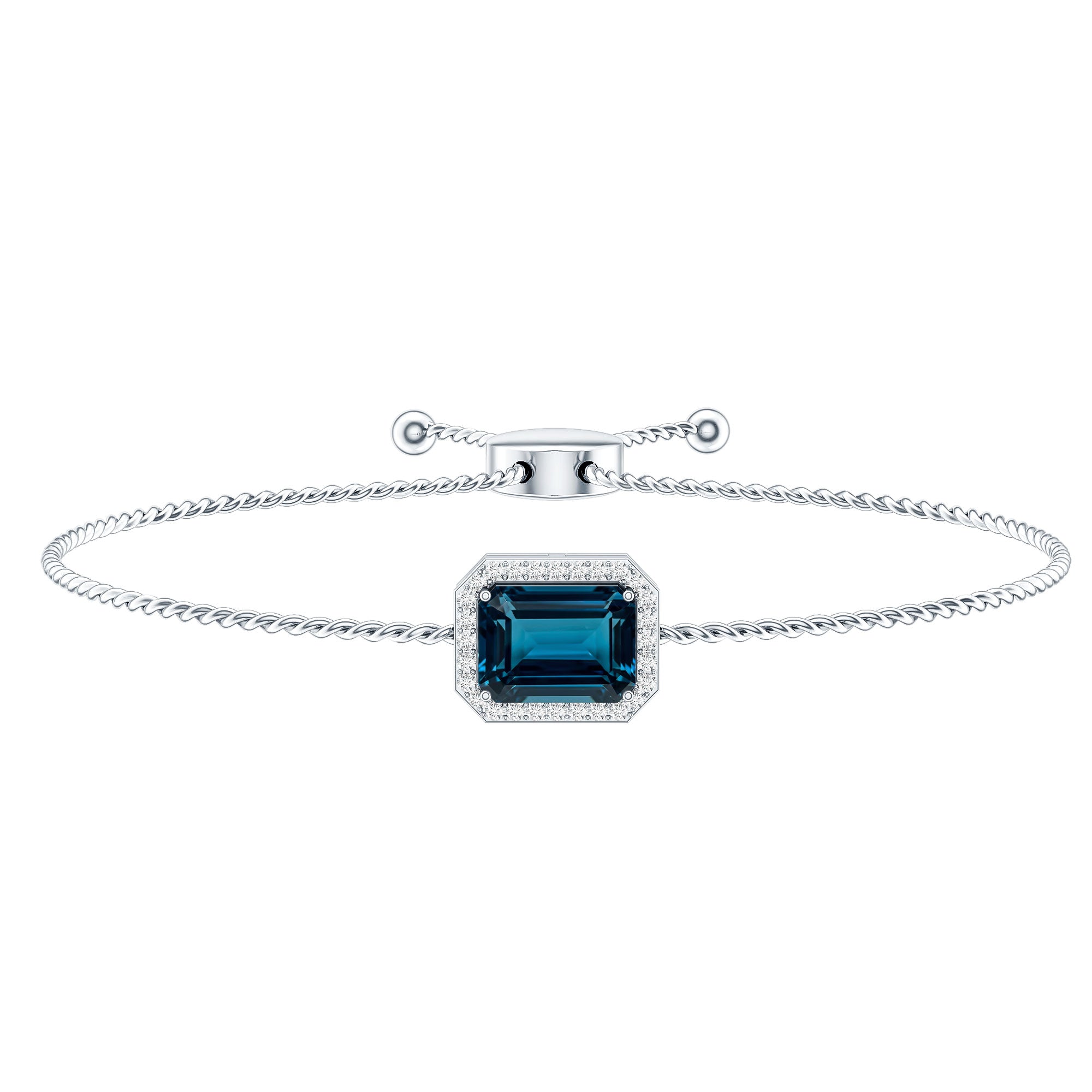 Emerald Cut London Blue Topaz and Diamond Bolo Chain Bracelet AAA - Rosec Jewels