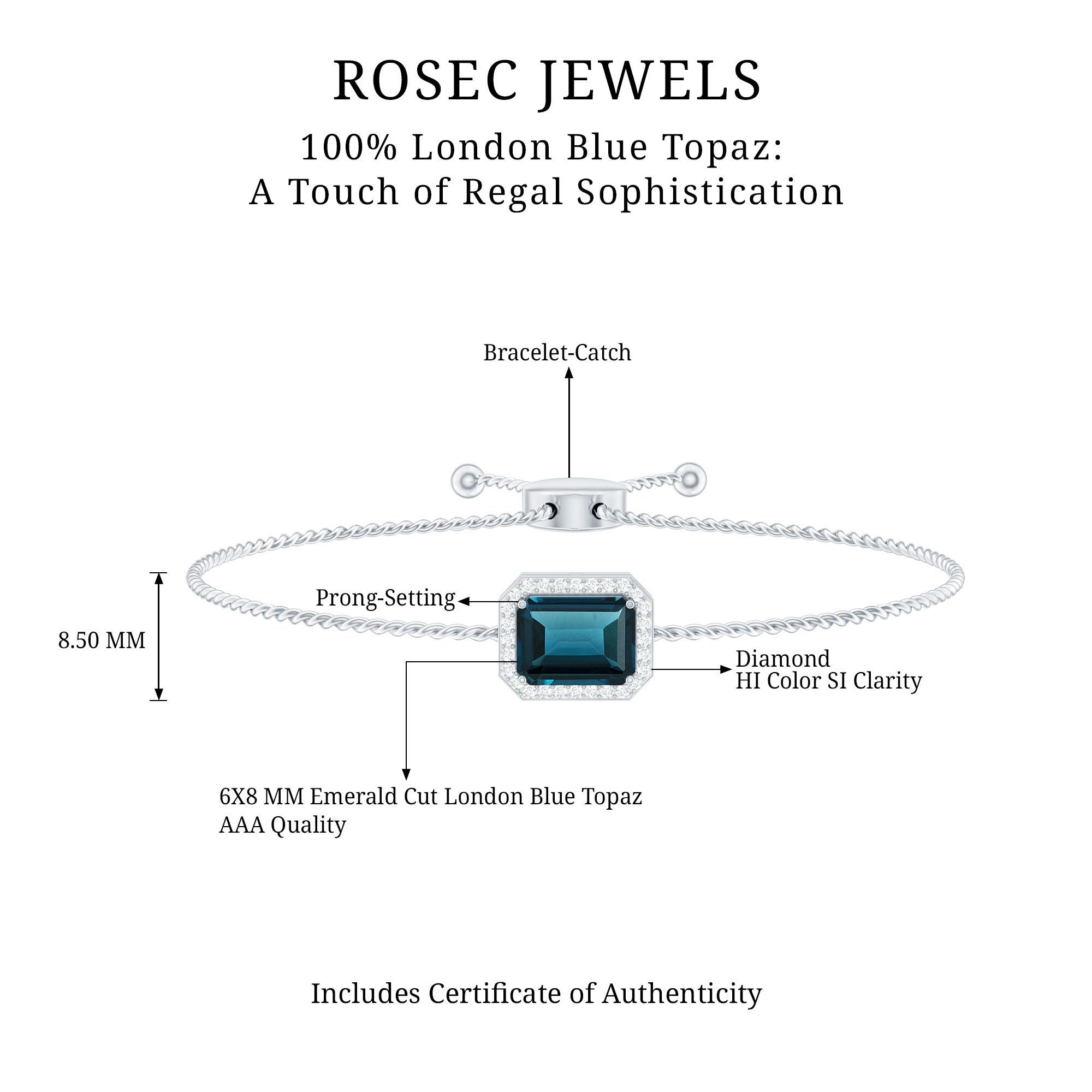 Emerald Cut London Blue Topaz and Diamond Bolo Chain Bracelet AAA - Rosec Jewels