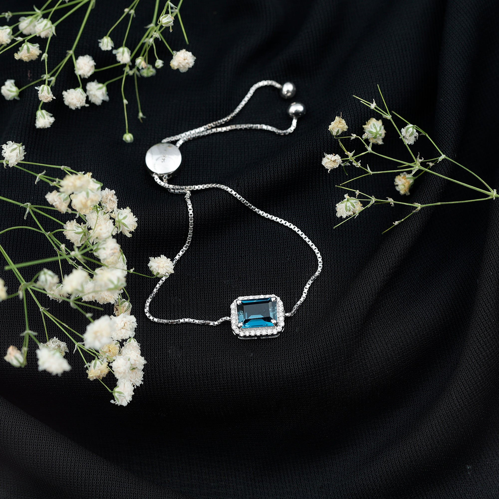 Emerald Cut London Blue Topaz and Diamond Bolo Chain Bracelet AAA - Rosec Jewels