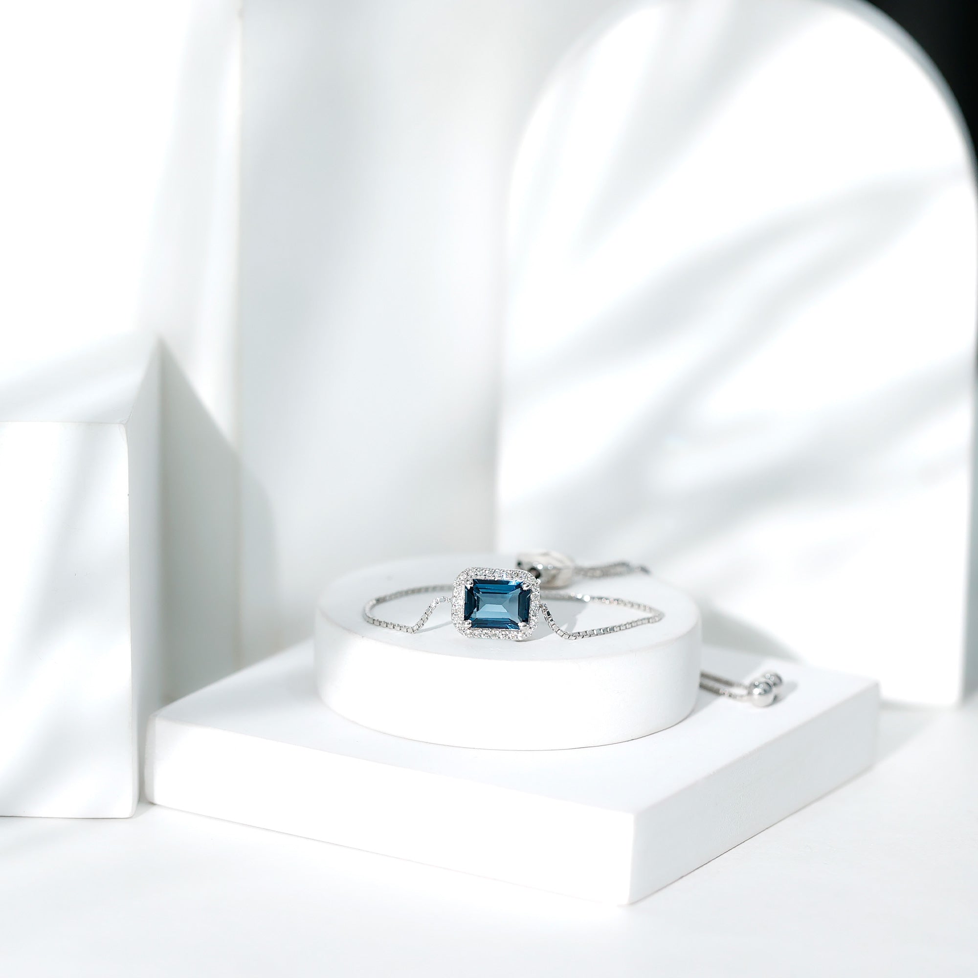 Emerald Cut London Blue Topaz and Diamond Bolo Chain Bracelet AAA - Rosec Jewels