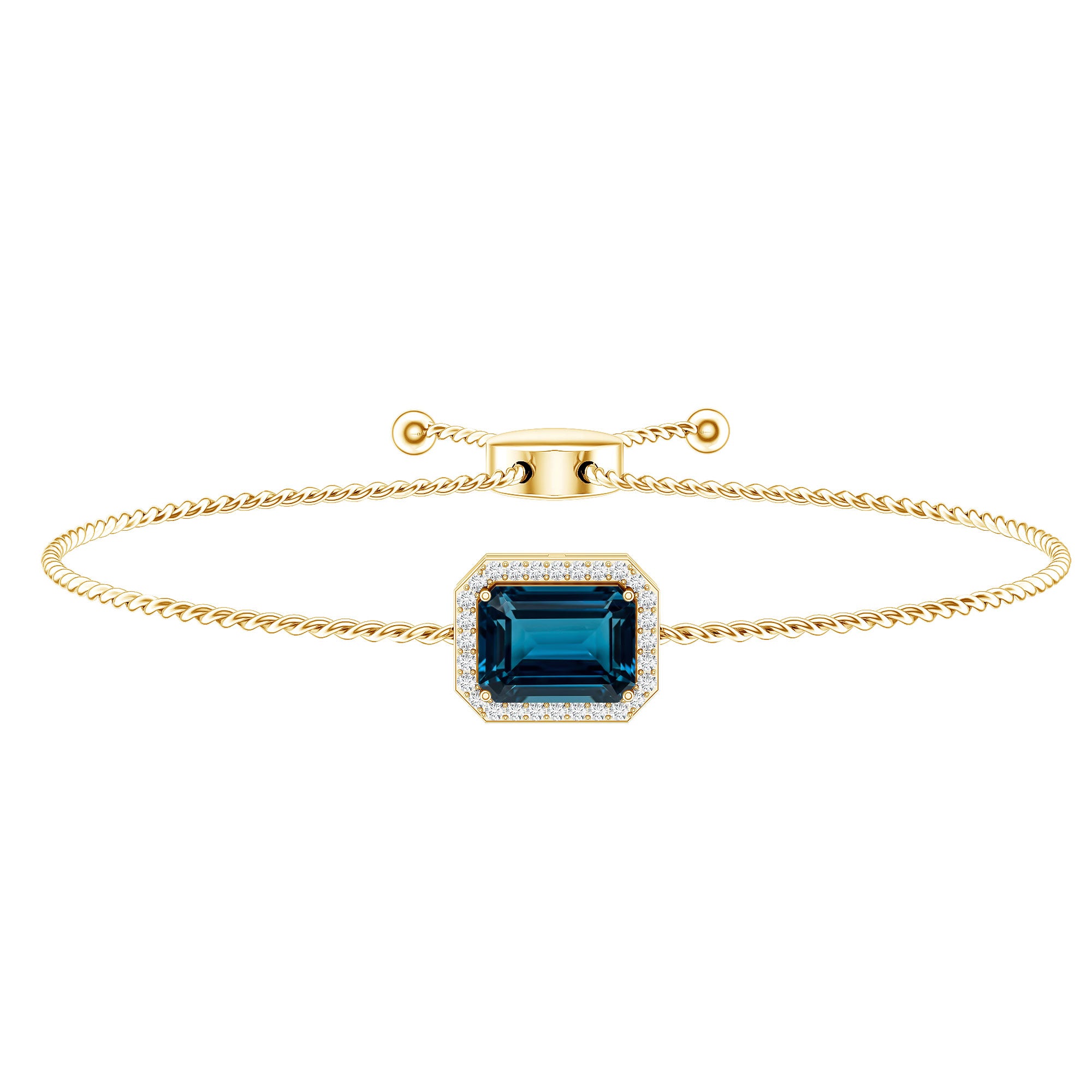Emerald Cut London Blue Topaz and Diamond Bolo Chain Bracelet AAA - Rosec Jewels
