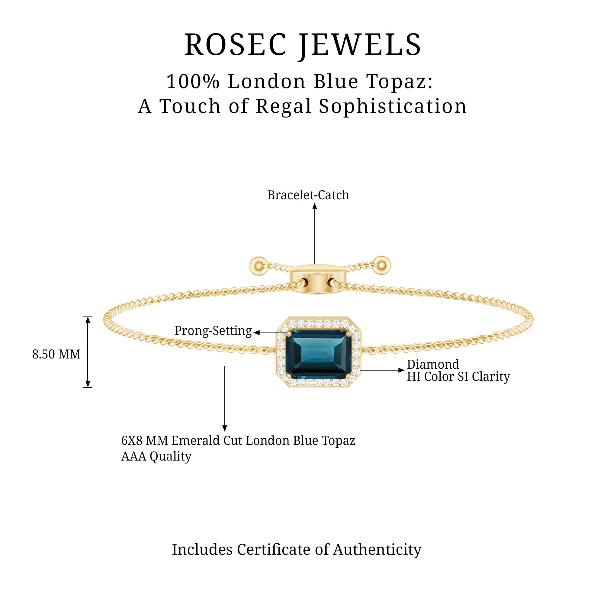 Emerald Cut London Blue Topaz and Diamond Bolo Chain Bracelet AAA - Rosec Jewels