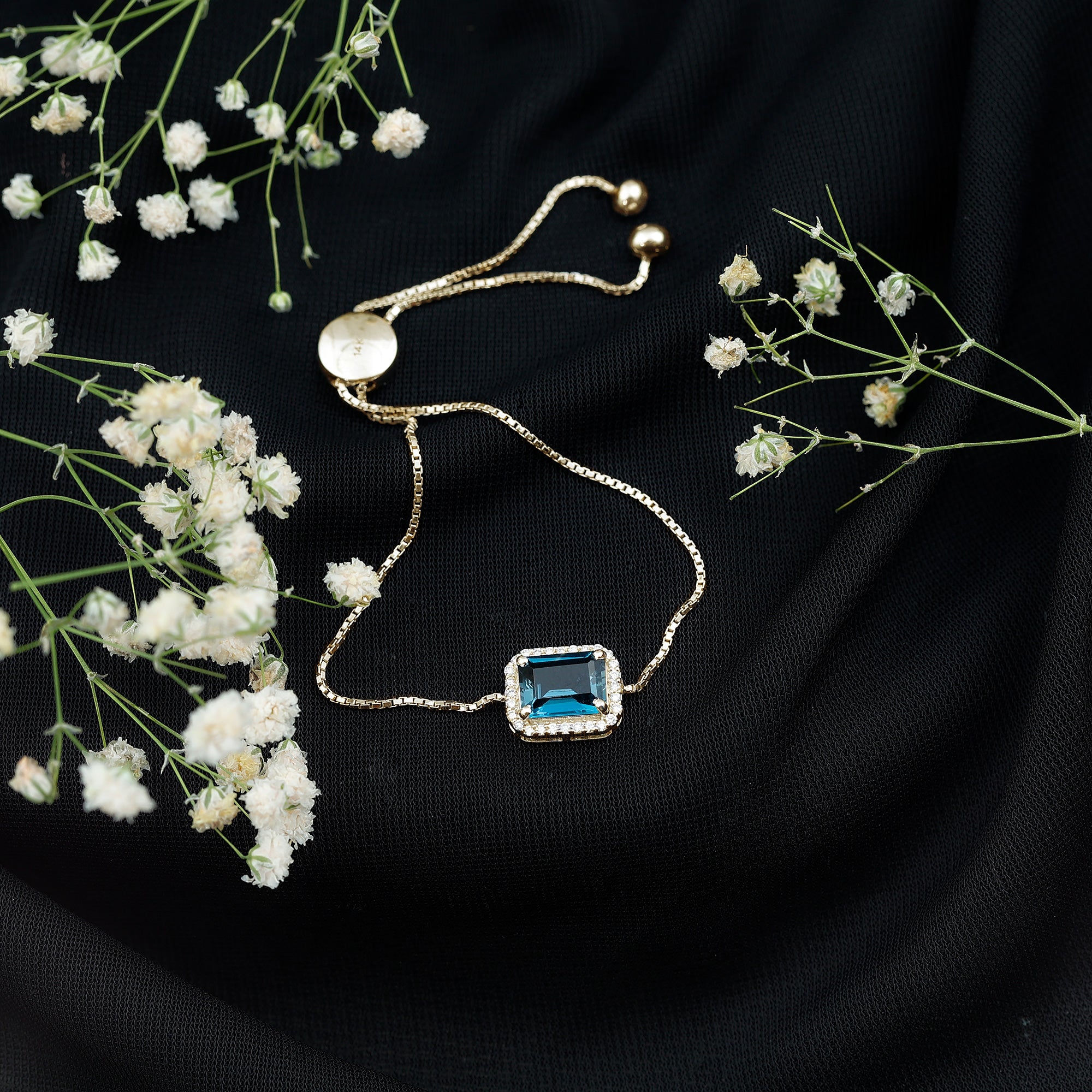 Emerald Cut London Blue Topaz and Diamond Bolo Chain Bracelet AAA - Rosec Jewels