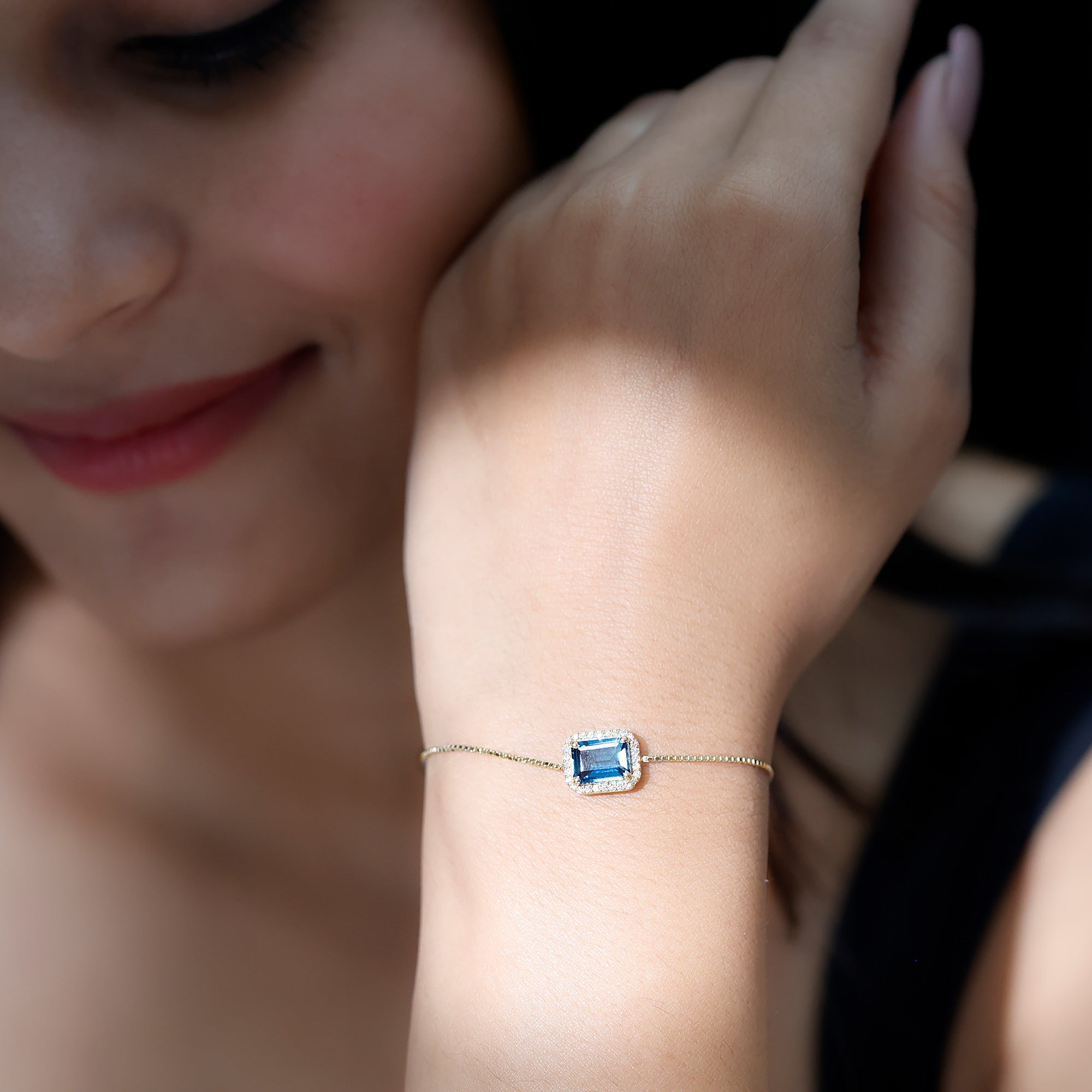 Emerald Cut London Blue Topaz and Diamond Bolo Chain Bracelet AAA - Rosec Jewels