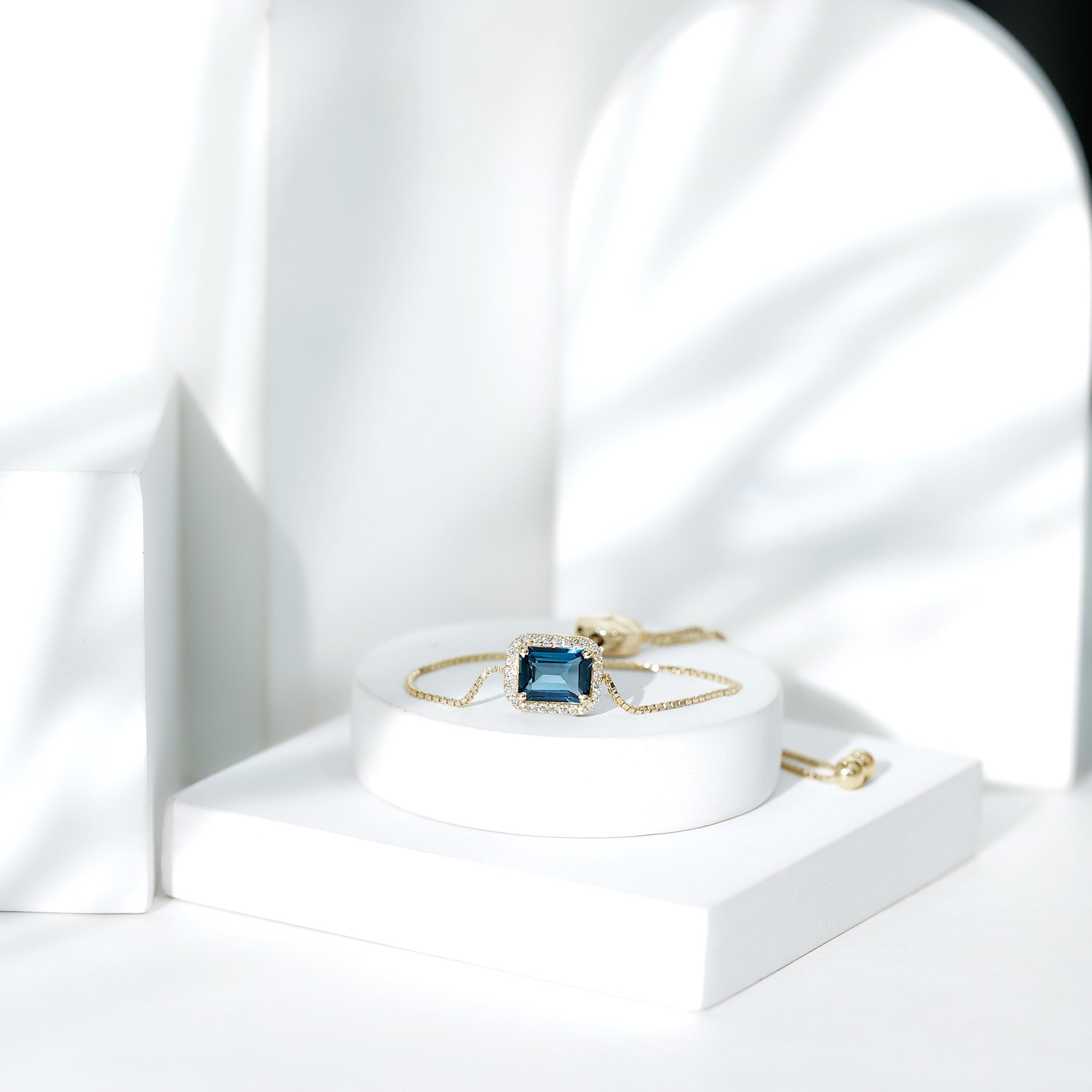 Emerald Cut London Blue Topaz and Diamond Bolo Chain Bracelet AAA - Rosec Jewels