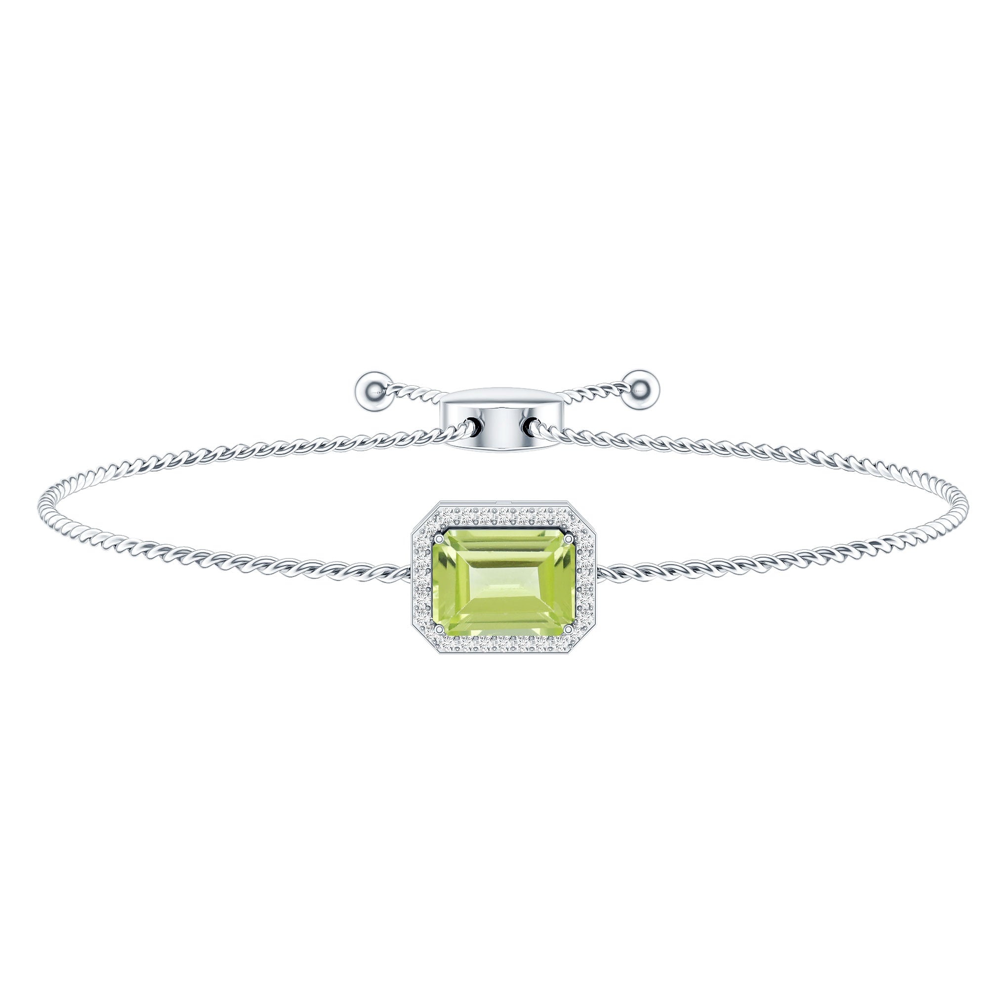 1.8 Carat Emerald Cut Peridot and Diamond Bolo Chain Bracelet AAA - Rosec Jewels