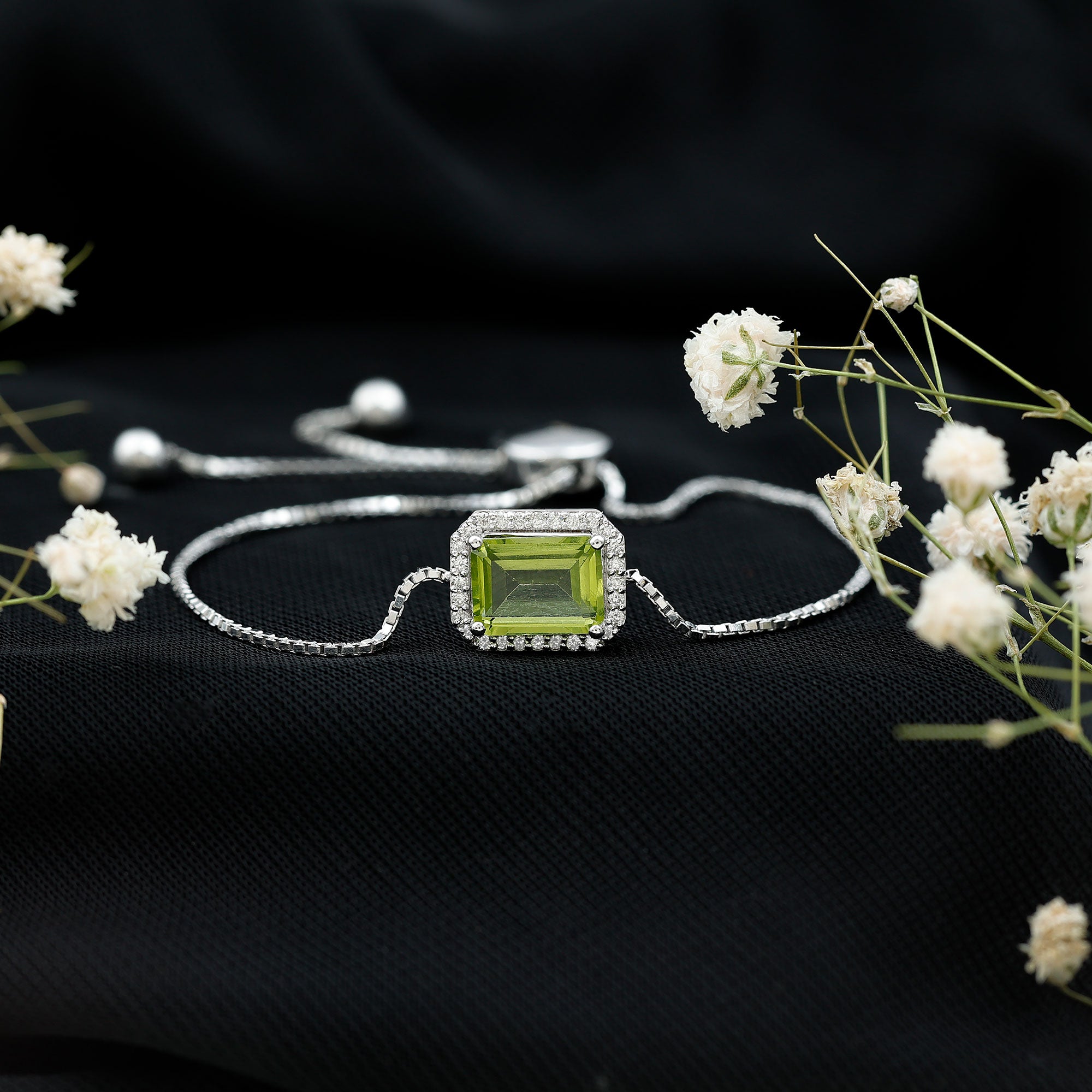 1.8 Carat Emerald Cut Peridot and Diamond Bolo Chain Bracelet AAA - Rosec Jewels