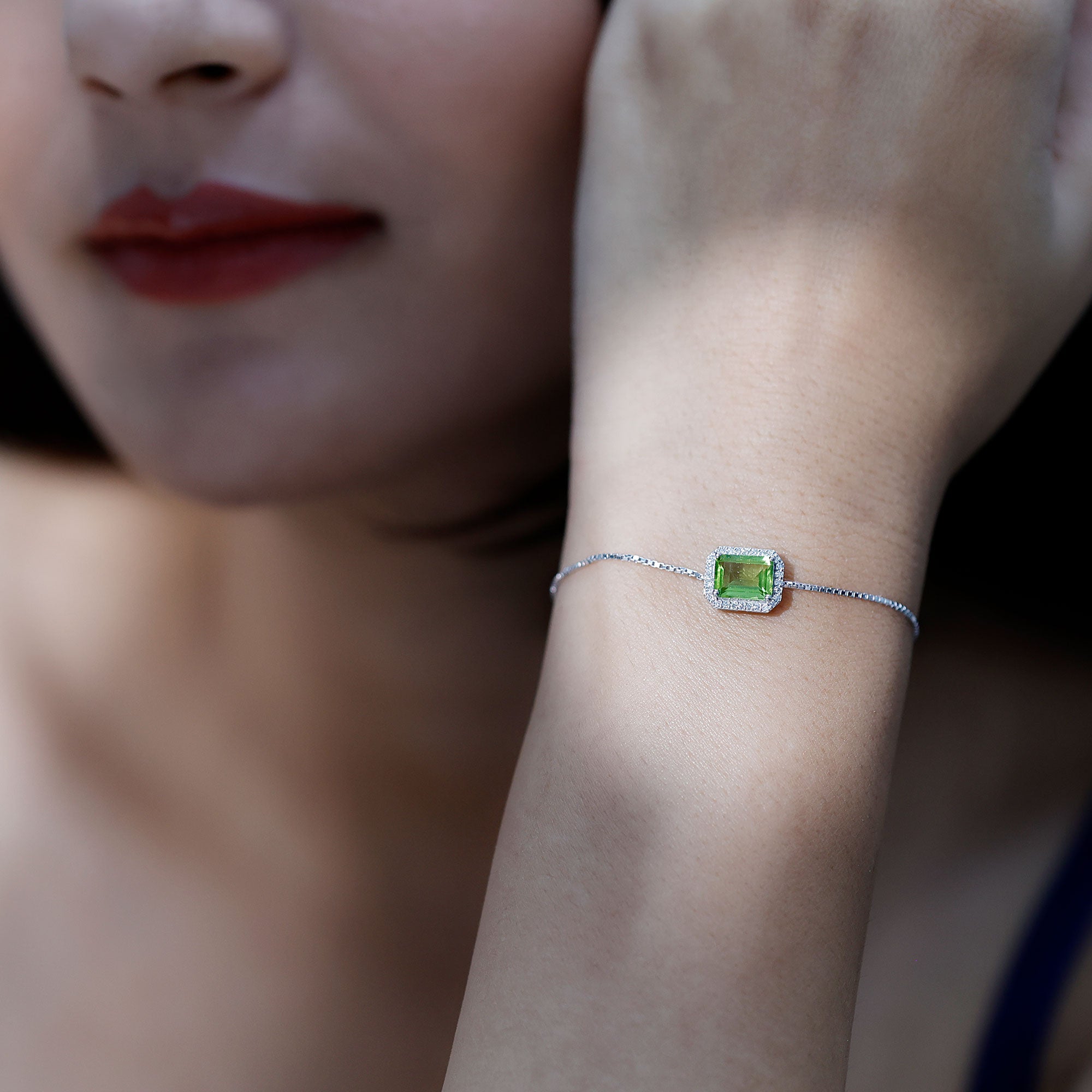 1.8 Carat Emerald Cut Peridot and Diamond Bolo Chain Bracelet AAA - Rosec Jewels