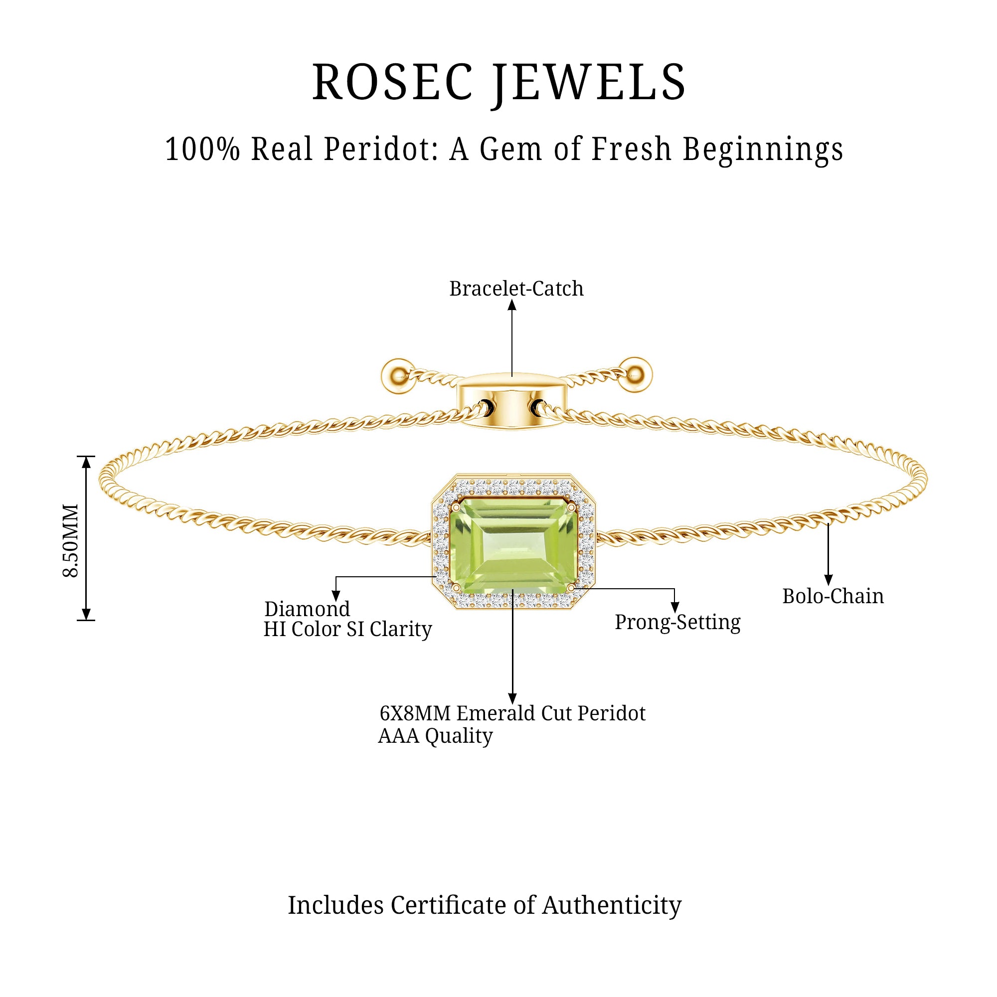 1.8 Carat Emerald Cut Peridot and Diamond Bolo Chain Bracelet AAA - Rosec Jewels