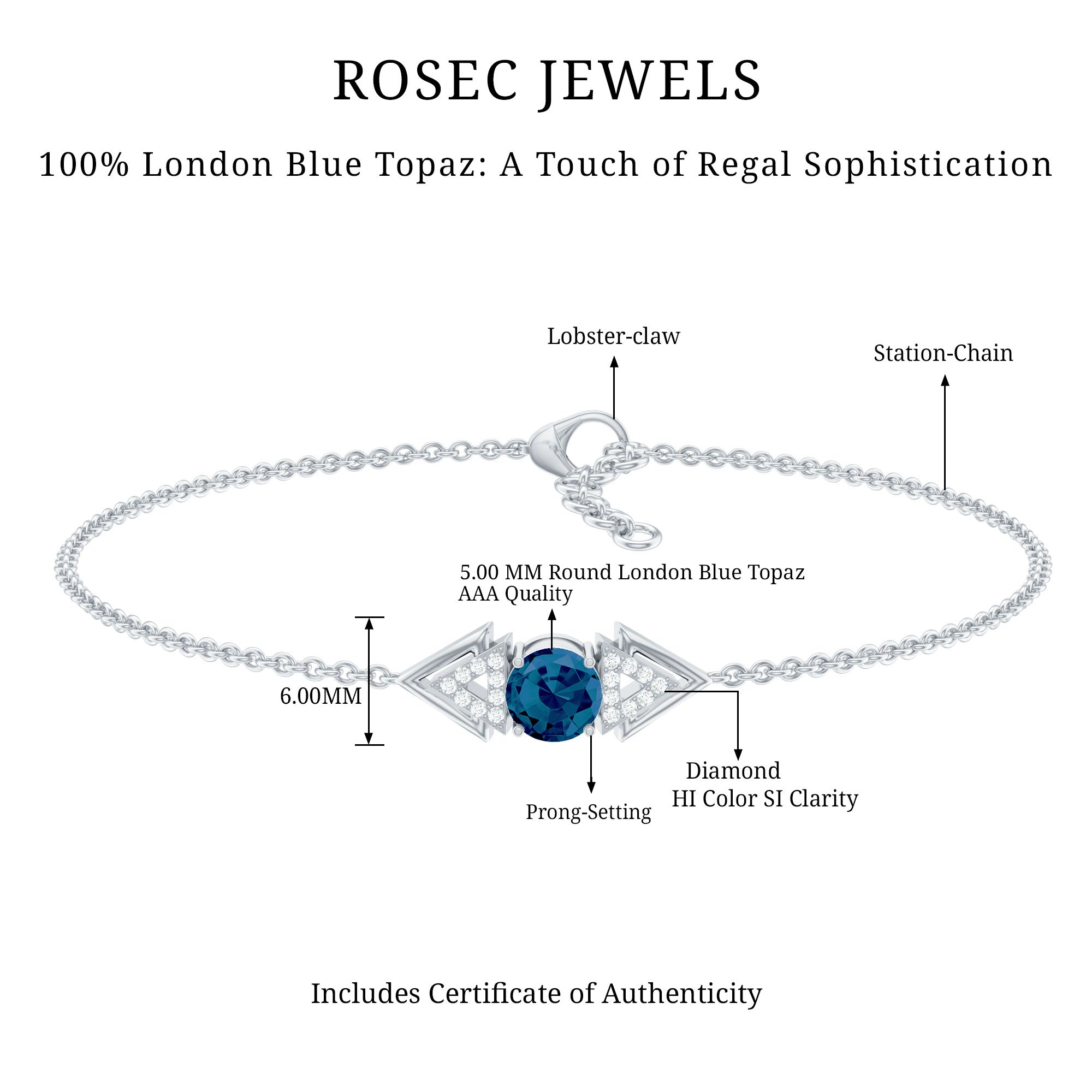 Real London Blue Topaz and Diamond Chain Bracelet AAA - Rosec Jewels