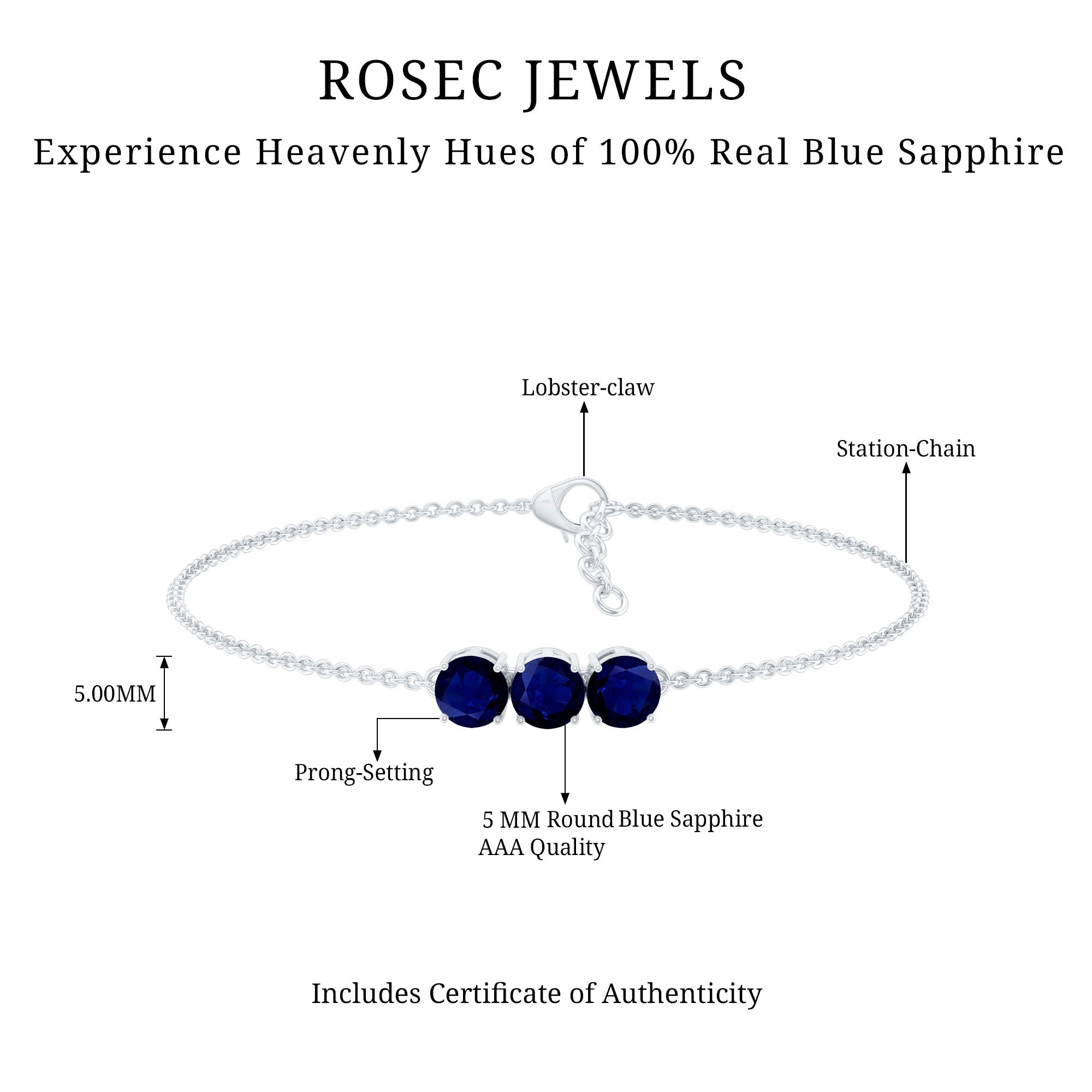 Natural 2.85 Carat Blue Sapphire Three Stone Chain Bracelet AAA - Rosec Jewels