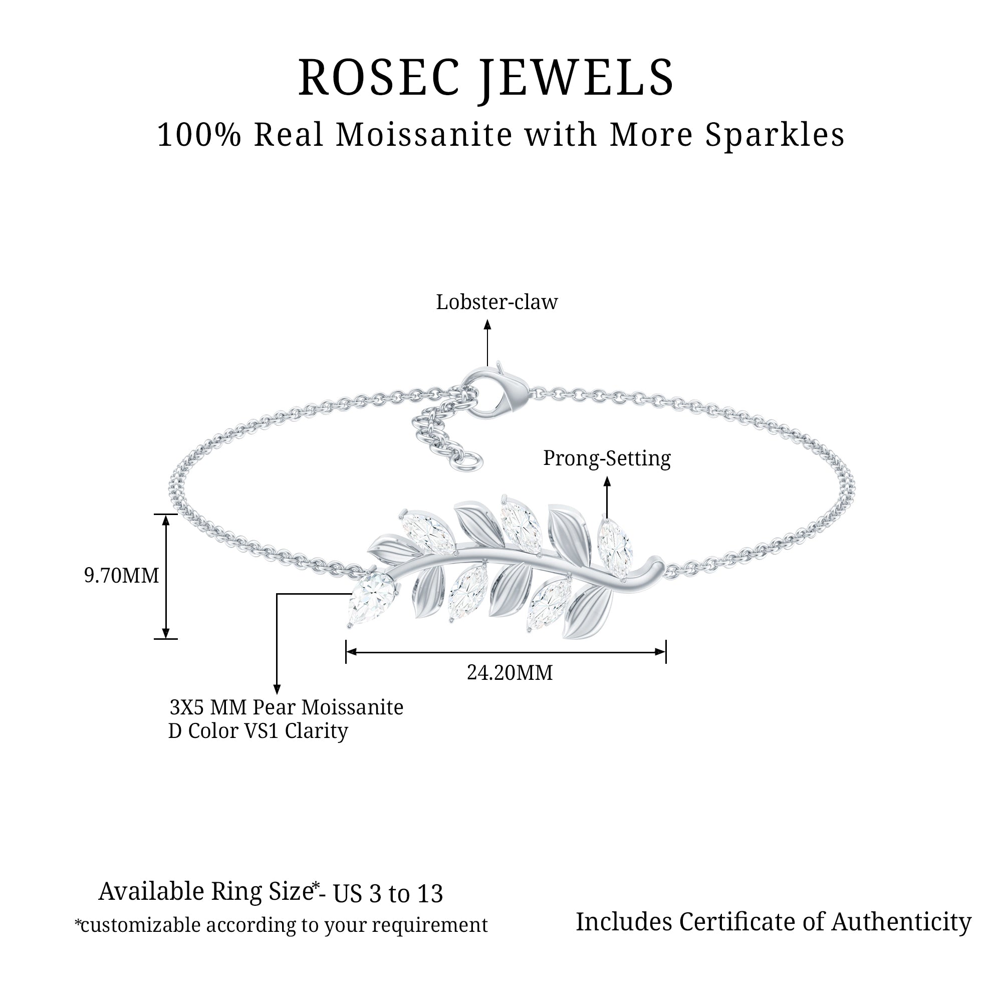 Certified Moissanite Leaf Chain Bracelet for Women D-VS1 - Rosec Jewels