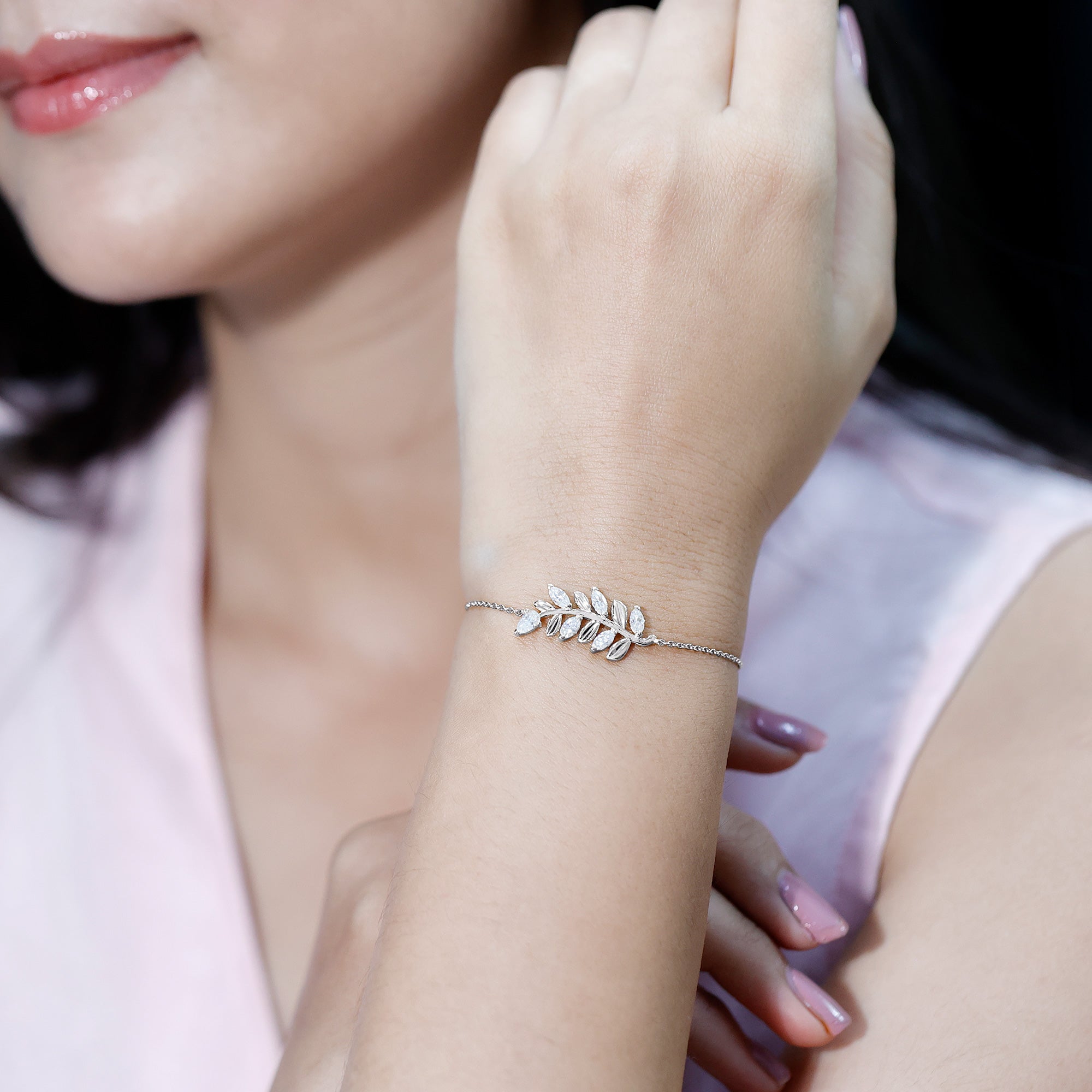 Certified Moissanite Leaf Chain Bracelet for Women D-VS1 - Rosec Jewels