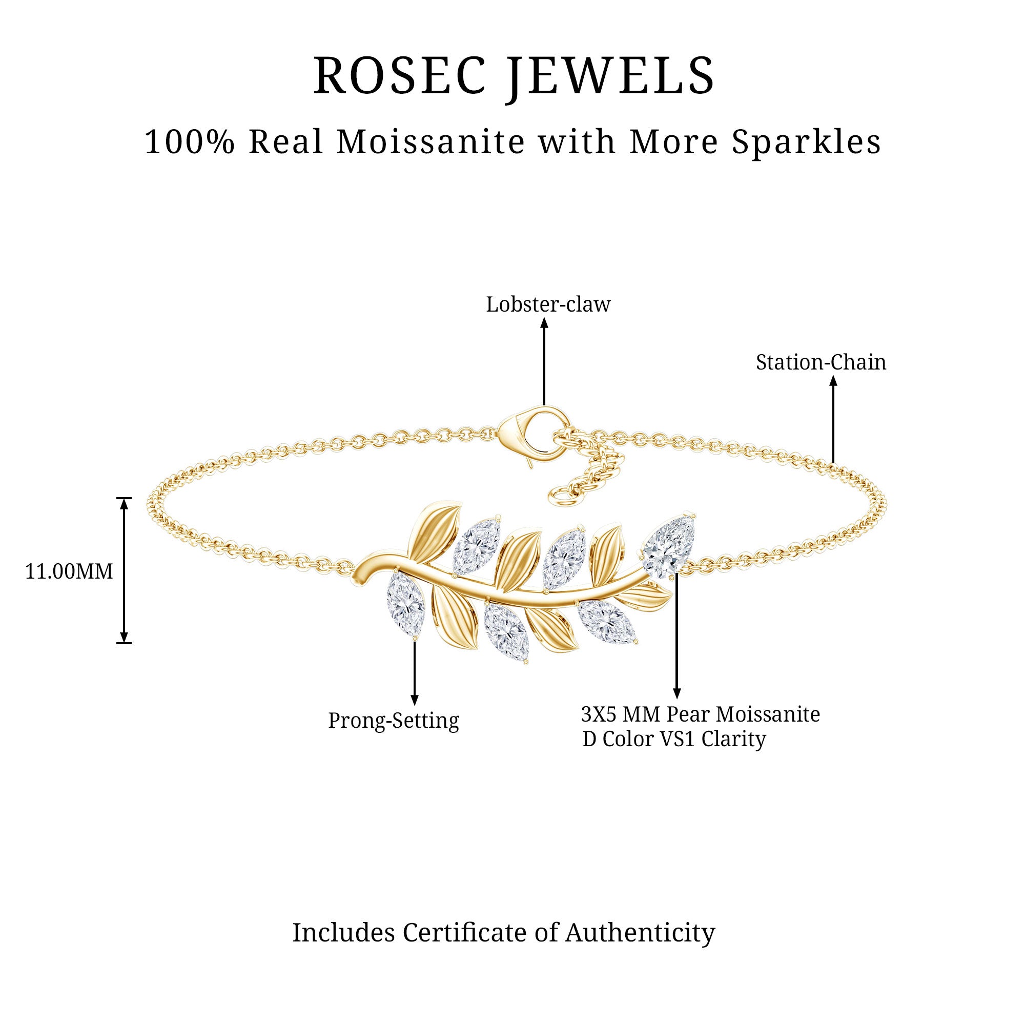 Certified Moissanite Leaf Chain Bracelet for Women D-VS1 - Rosec Jewels