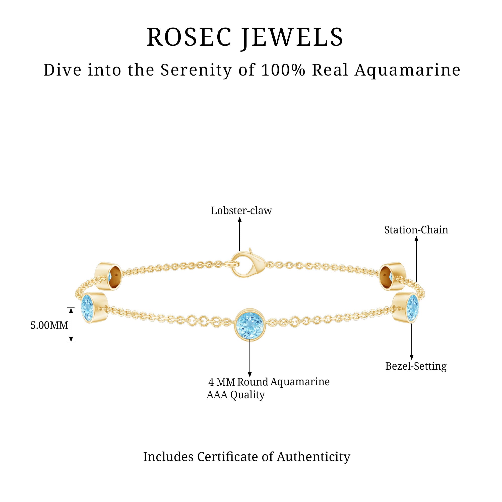 Real Aquamarine Station Chain Bracelet in Bezel Setting AAA - Rosec Jewels