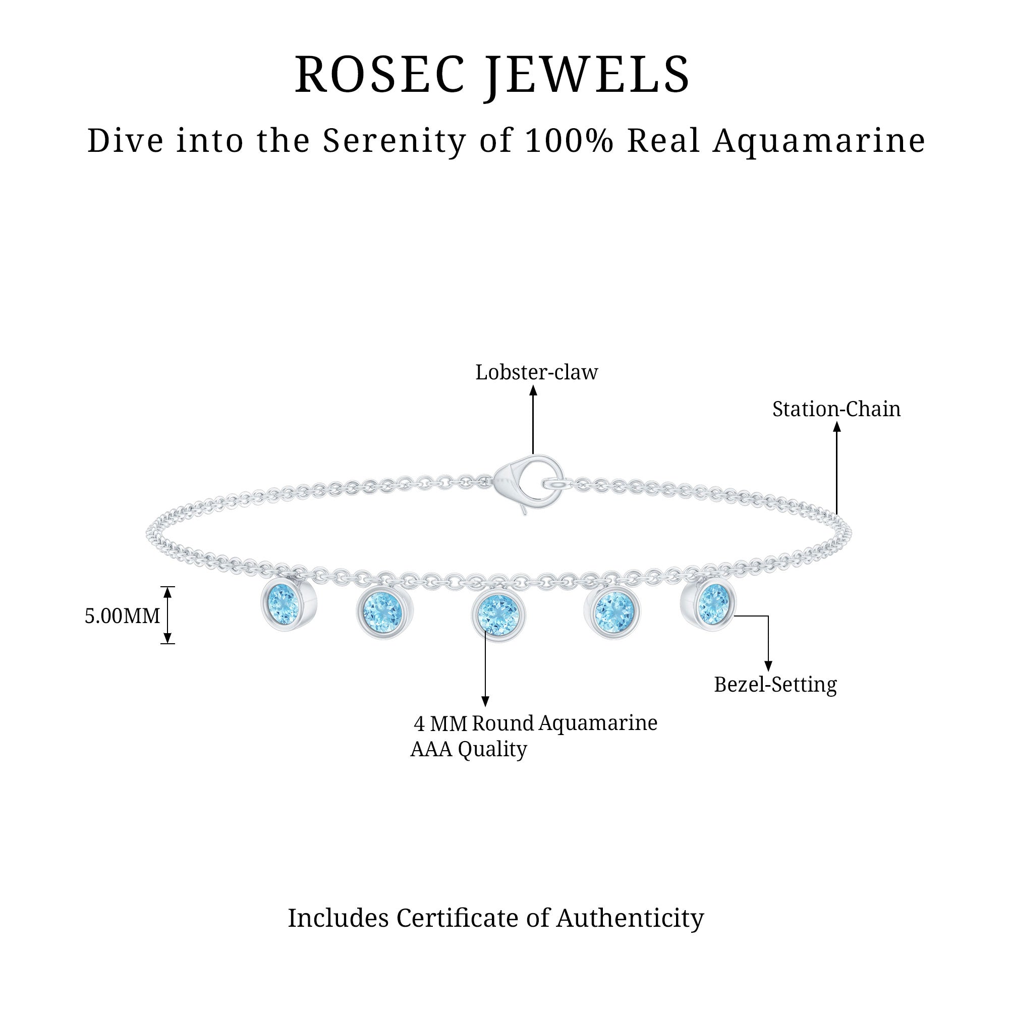 Bezel Set Aquamarine 5 Stone Chain Bracelet AAA - Rosec Jewels