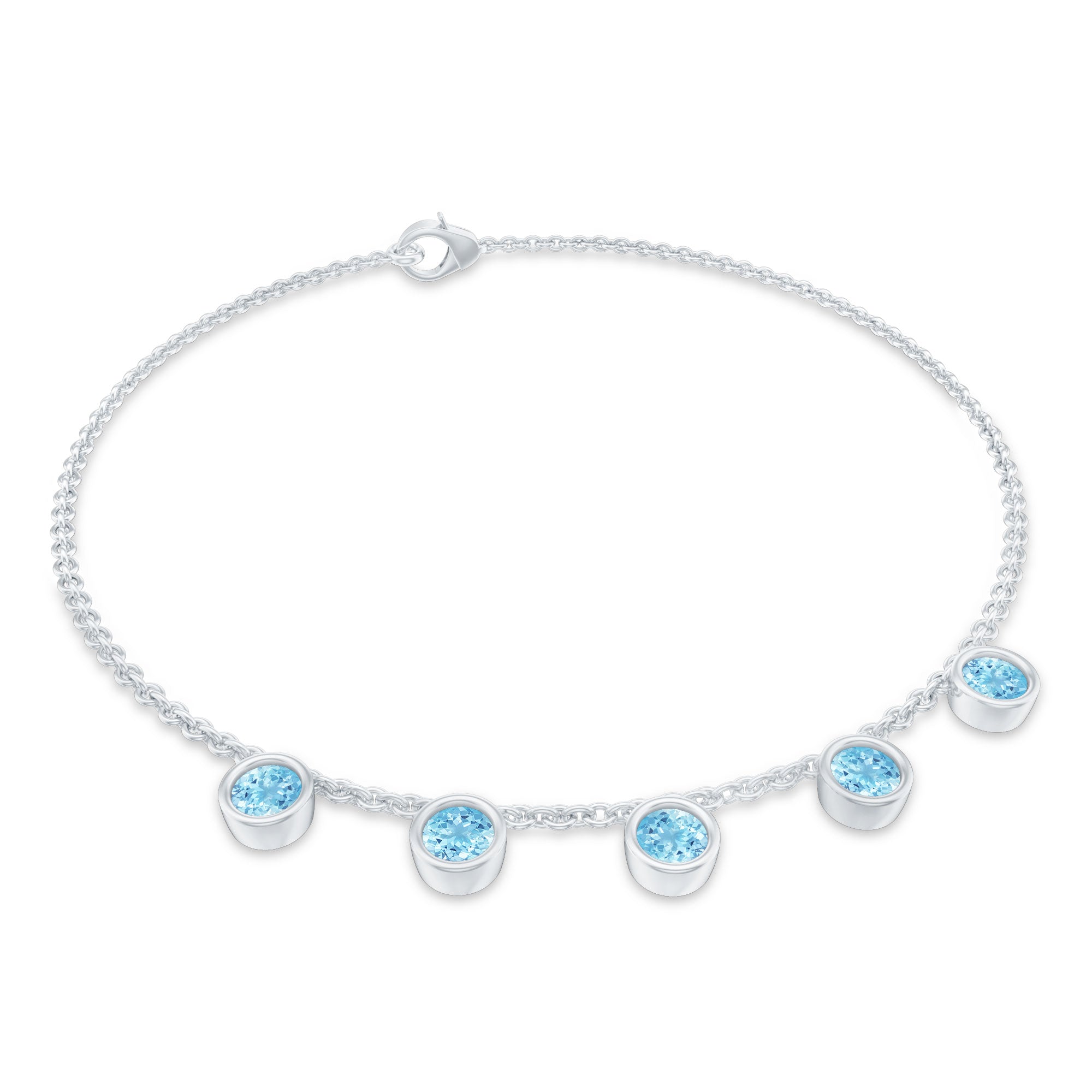 Bezel Set Aquamarine 5 Stone Chain Bracelet AAA - Rosec Jewels