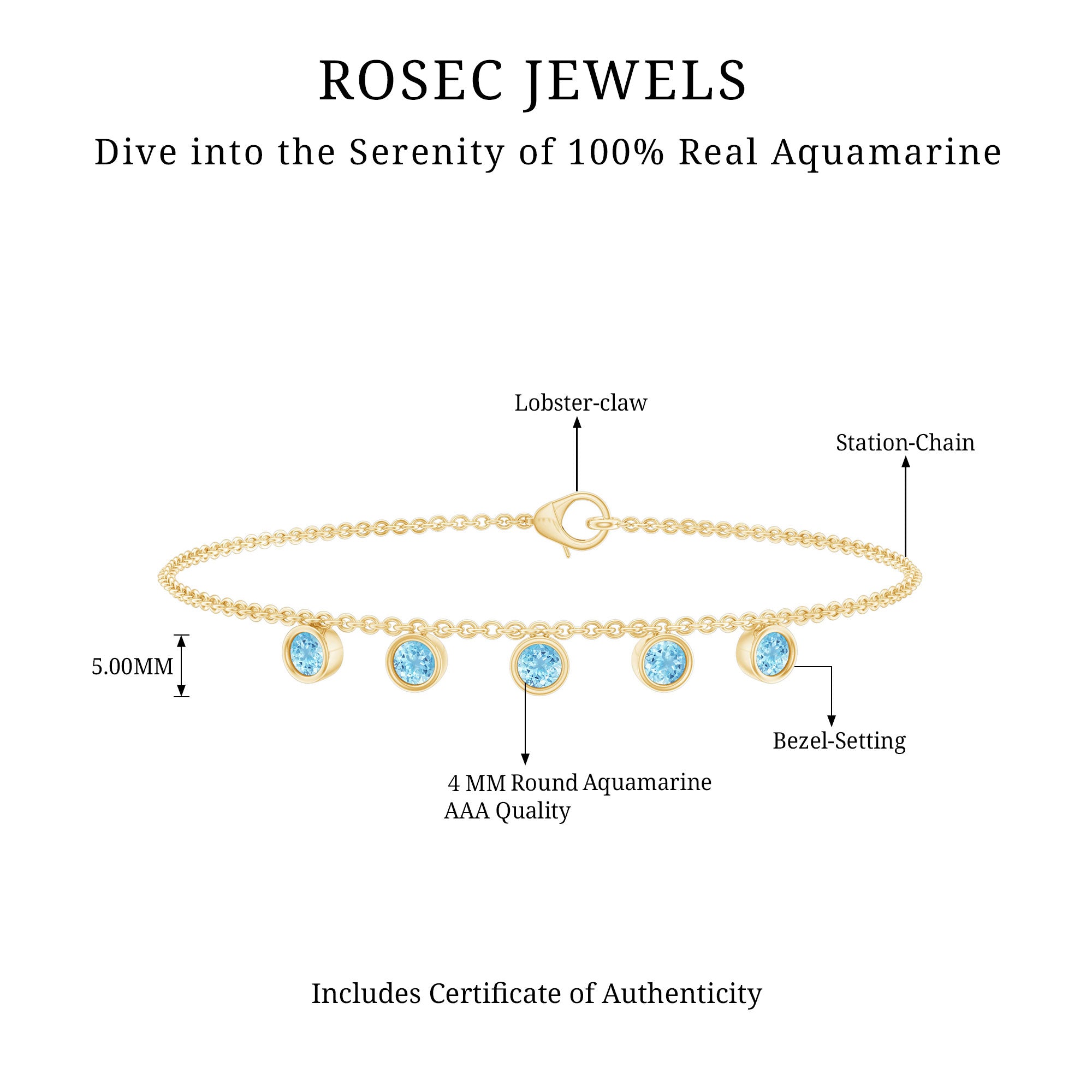 Bezel Set Aquamarine 5 Stone Chain Bracelet AAA - Rosec Jewels