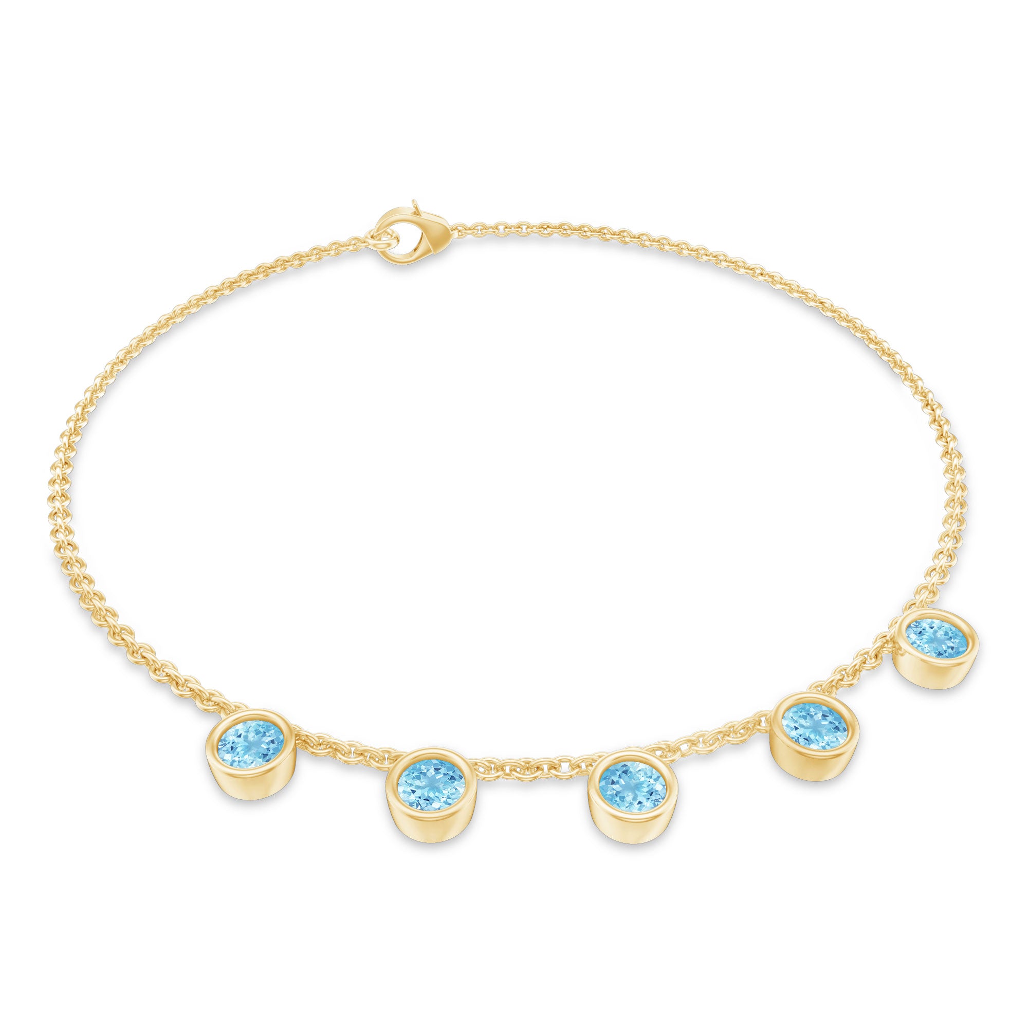 Bezel Set Aquamarine 5 Stone Chain Bracelet AAA - Rosec Jewels