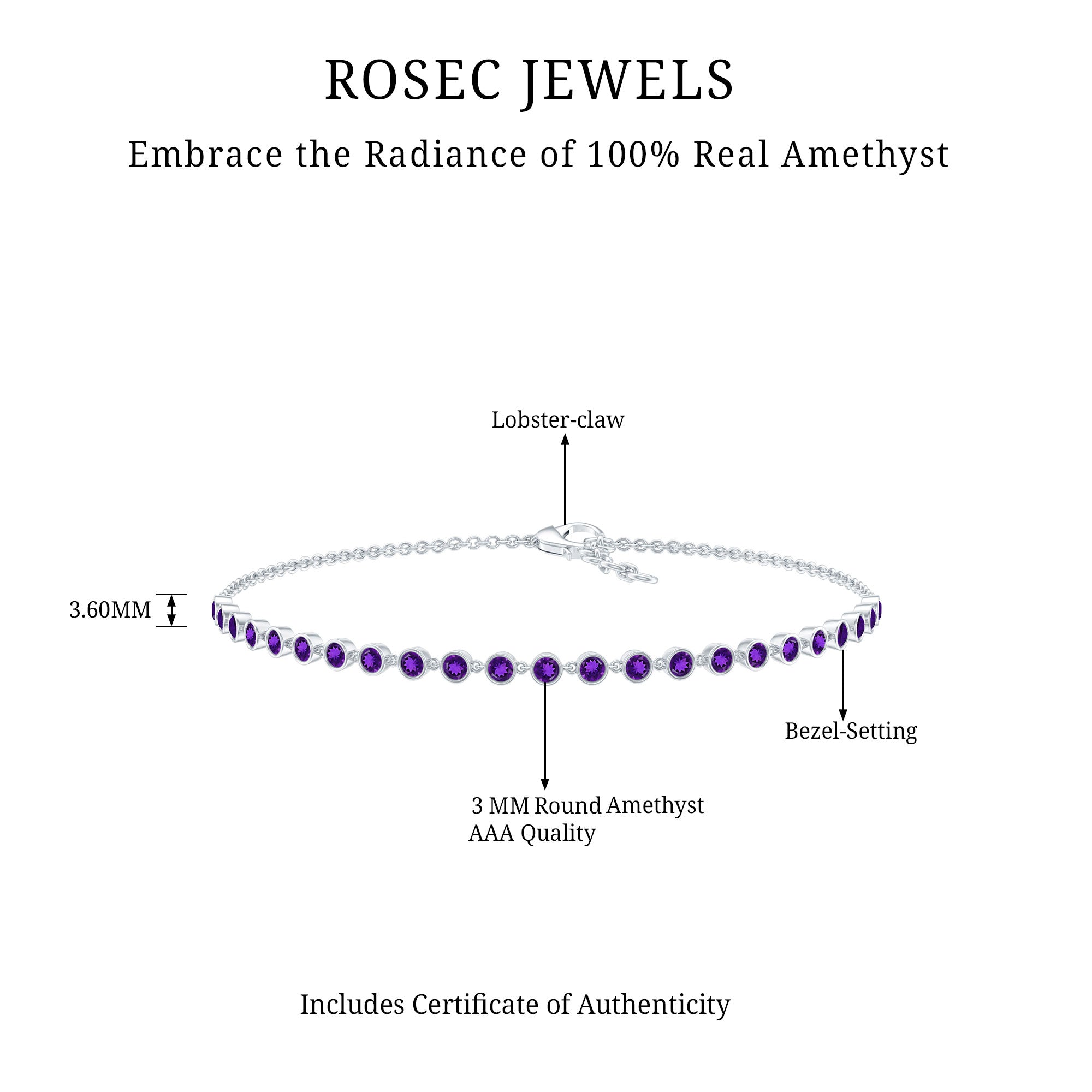 Minimalist Bezel Set Amethyst Chain Bracelet AAA - Rosec Jewels