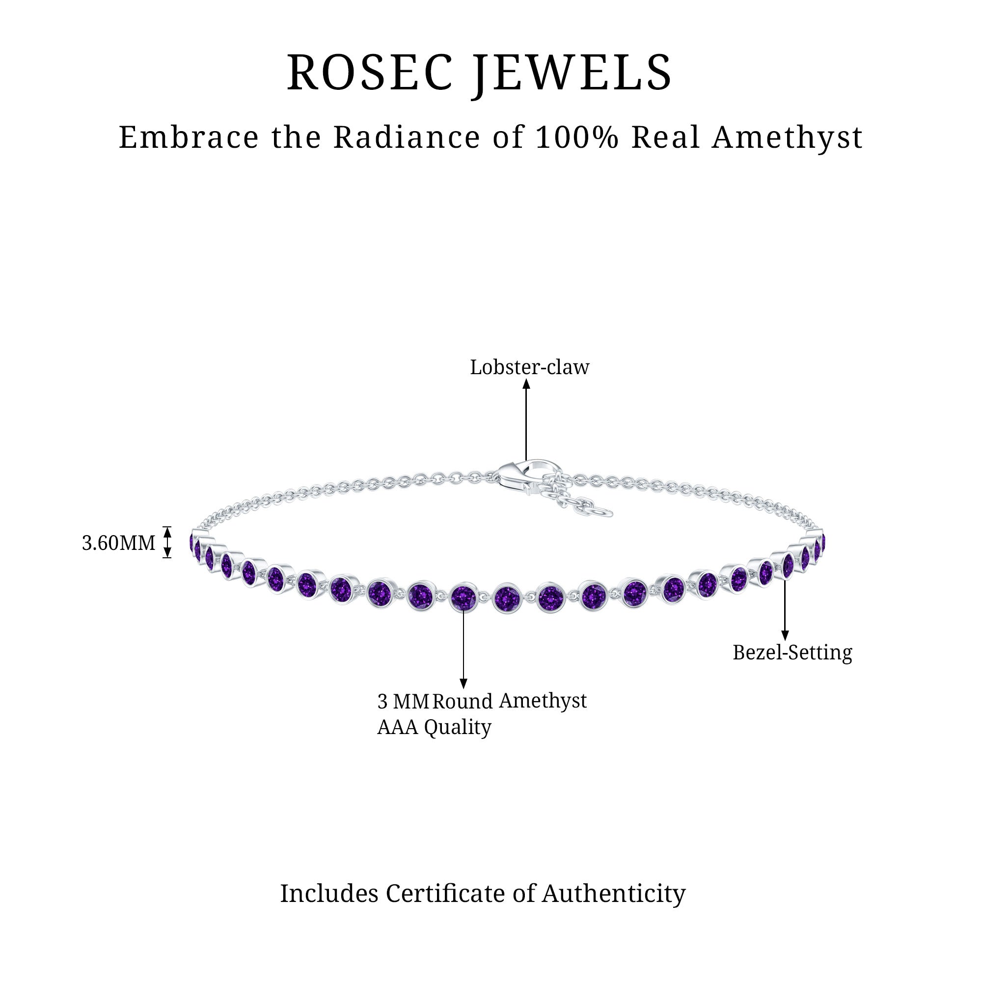 Minimalist Bezel Set Amethyst Chain Bracelet AAA - Rosec Jewels