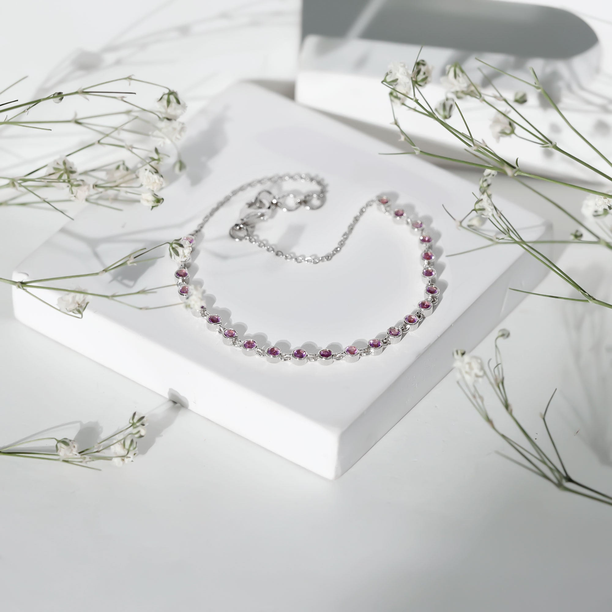 Minimalist Bezel Set Amethyst Chain Bracelet AAA - Rosec Jewels