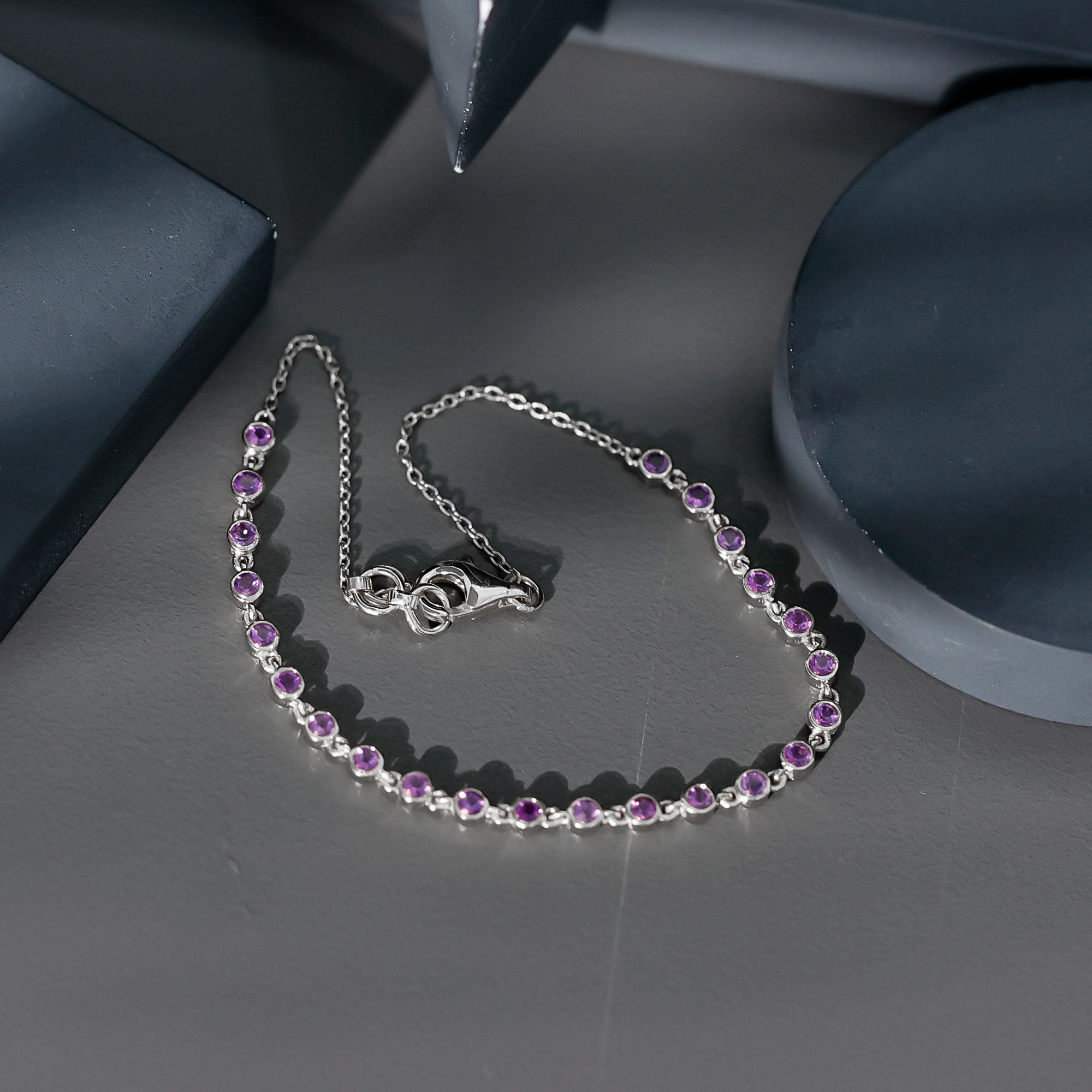 Minimalist Bezel Set Amethyst Chain Bracelet AAA - Rosec Jewels