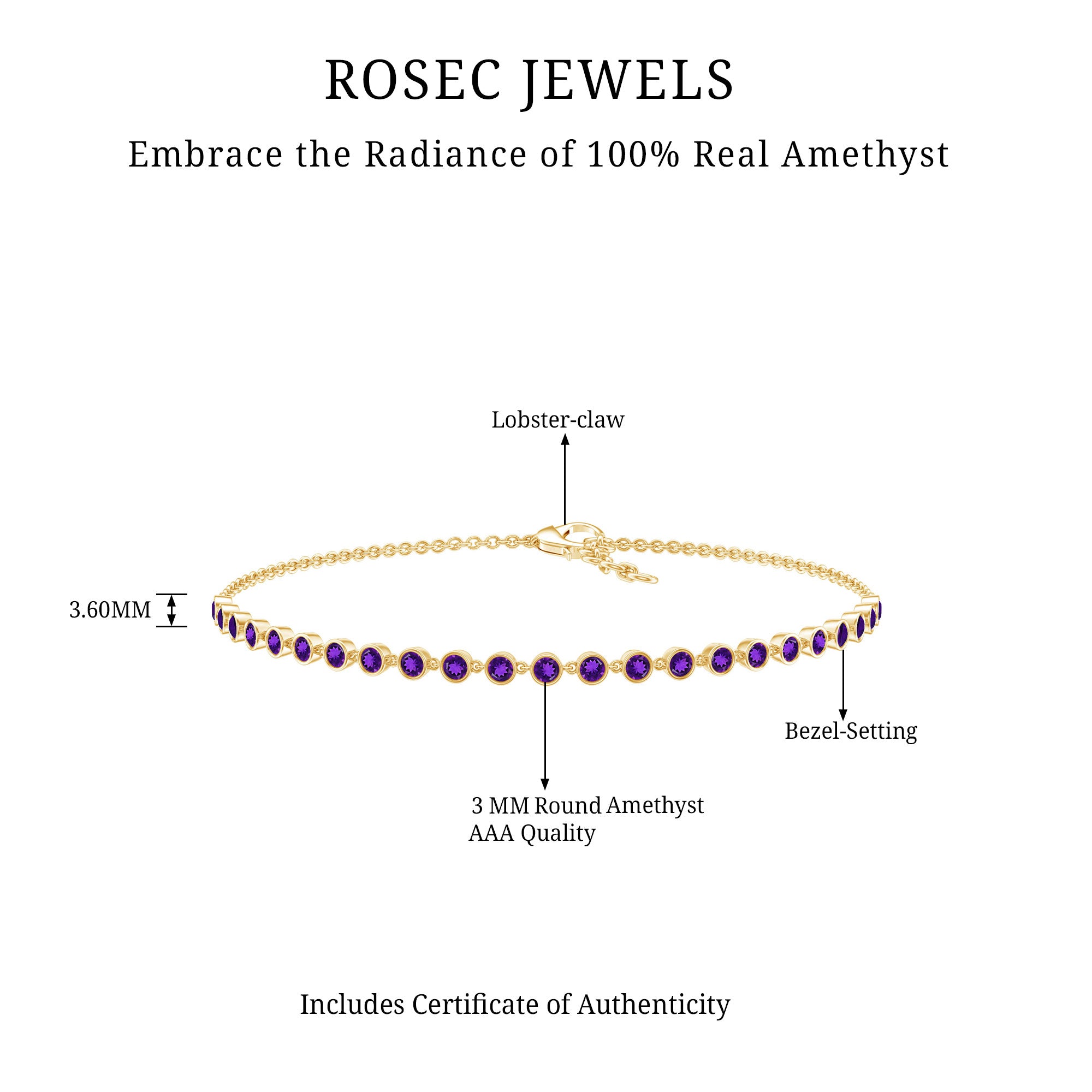 Minimalist Bezel Set Amethyst Chain Bracelet AAA - Rosec Jewels