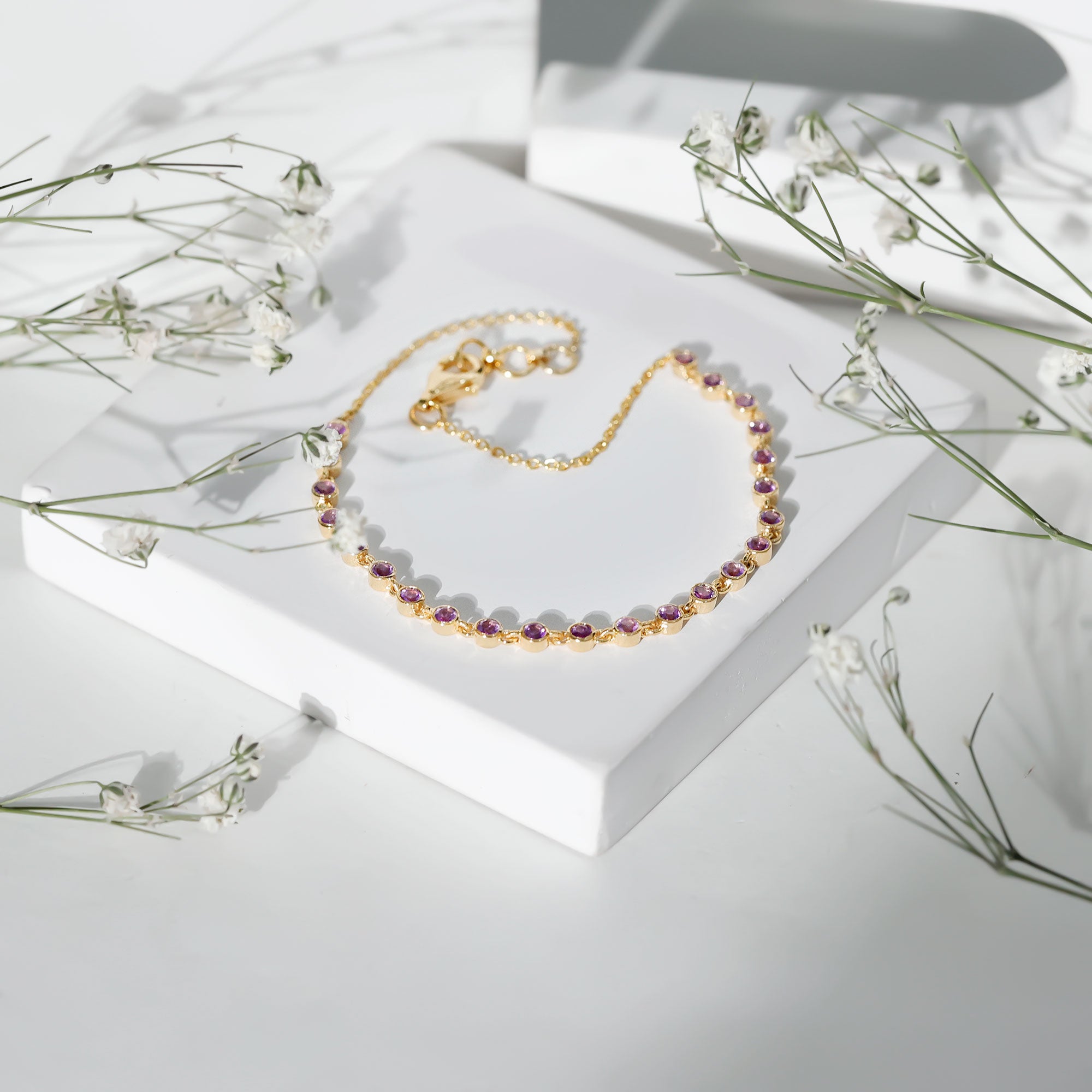 Minimalist Bezel Set Amethyst Chain Bracelet AAA - Rosec Jewels