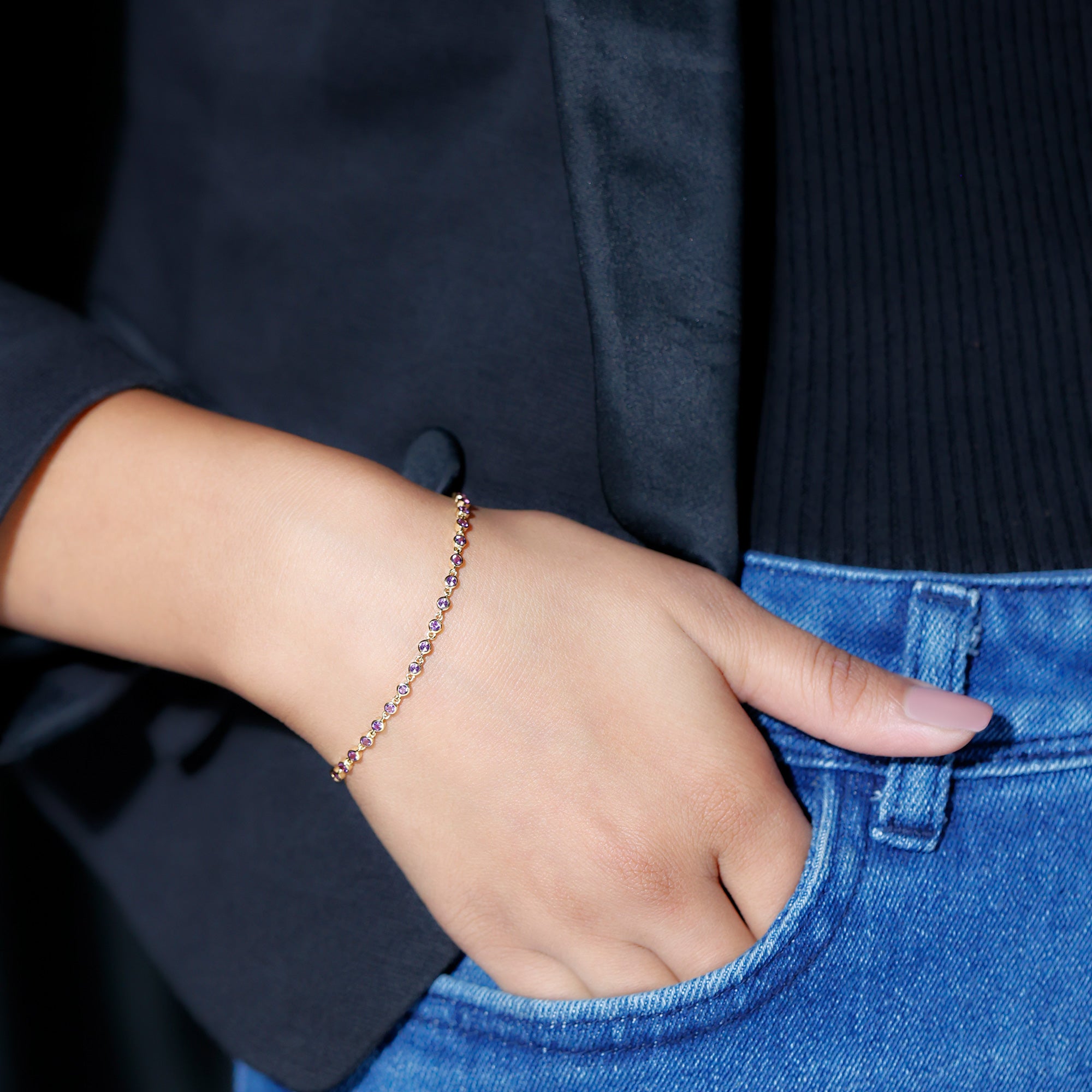 Minimalist Bezel Set Amethyst Chain Bracelet AAA - Rosec Jewels
