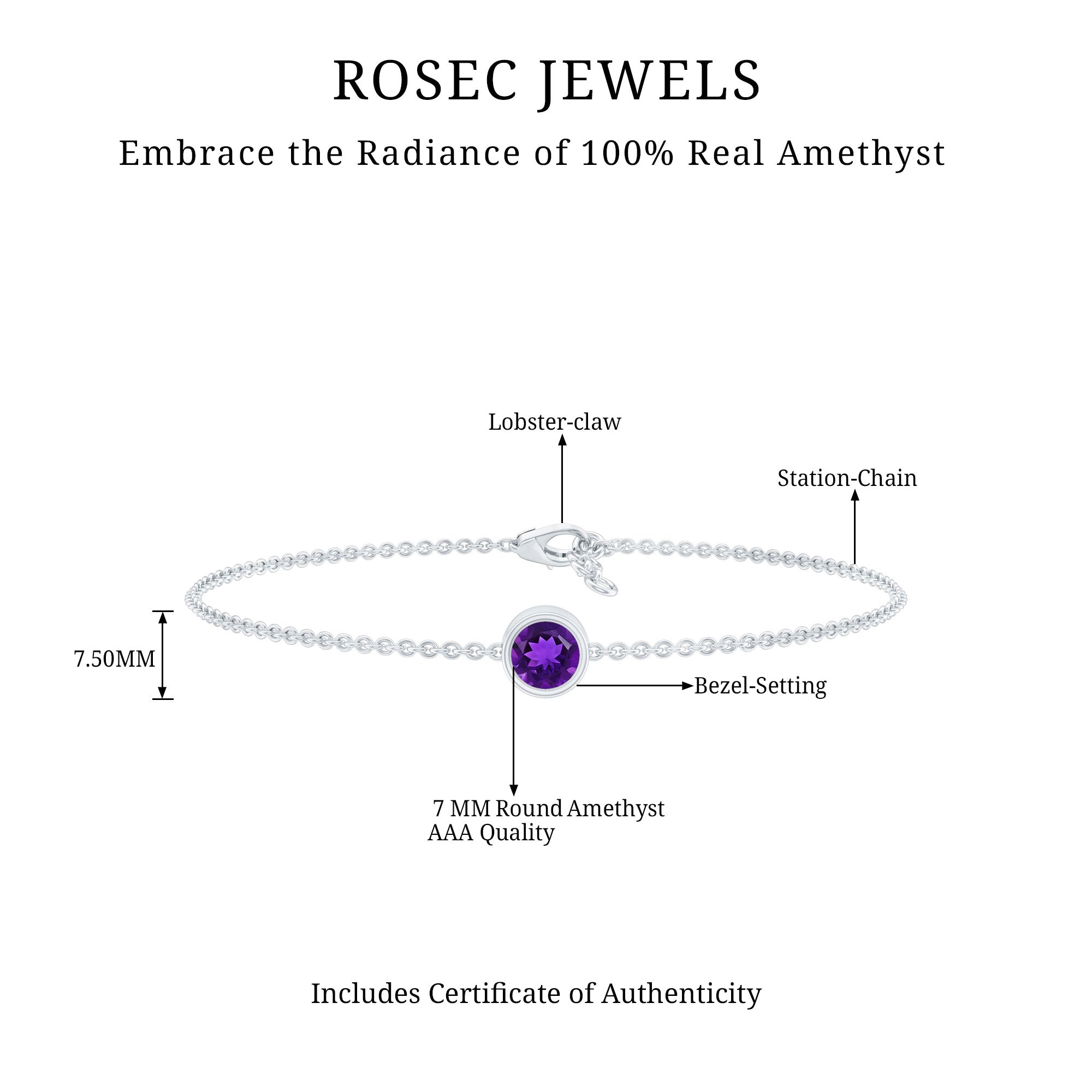 Genuine 7MM Amethyst Solitaire Chain Bracelet in Bezel Set AAA - Rosec Jewels