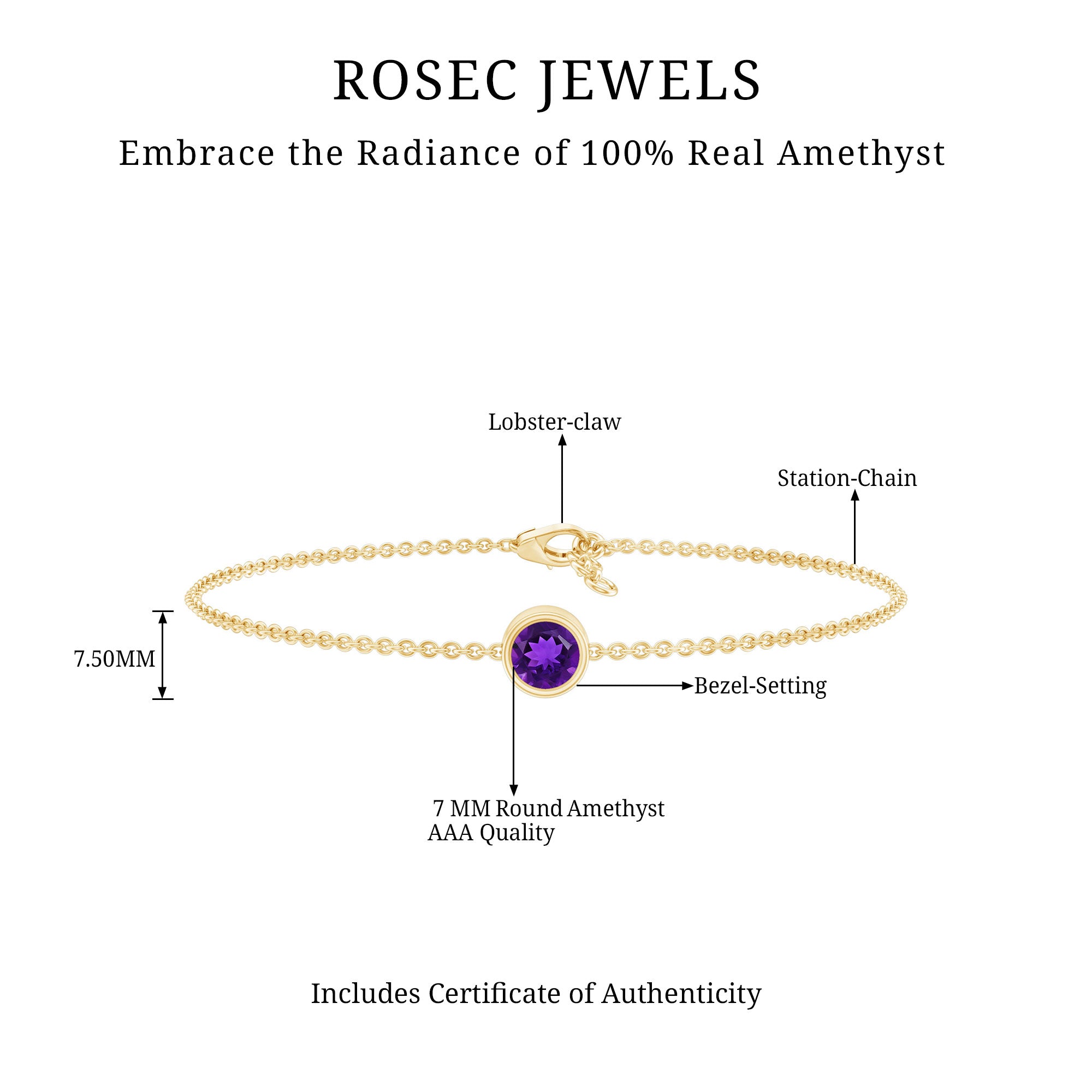 Genuine 7MM Amethyst Solitaire Chain Bracelet in Bezel Set AAA - Rosec Jewels