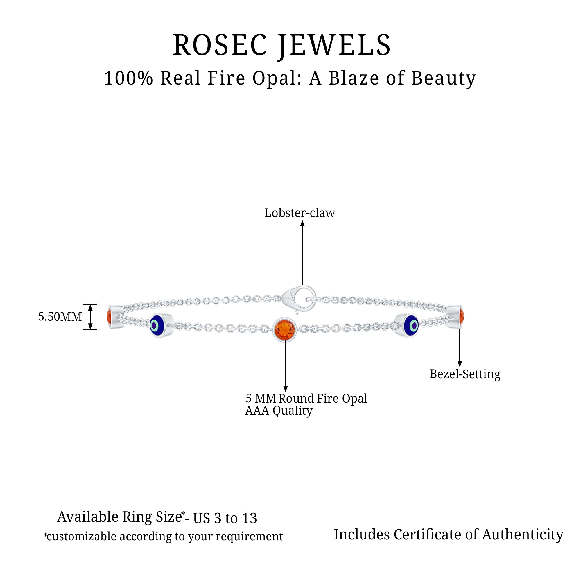Bezel Set Fire Opal Evil Eye Station Bracelet for Women AAA - Rosec Jewels