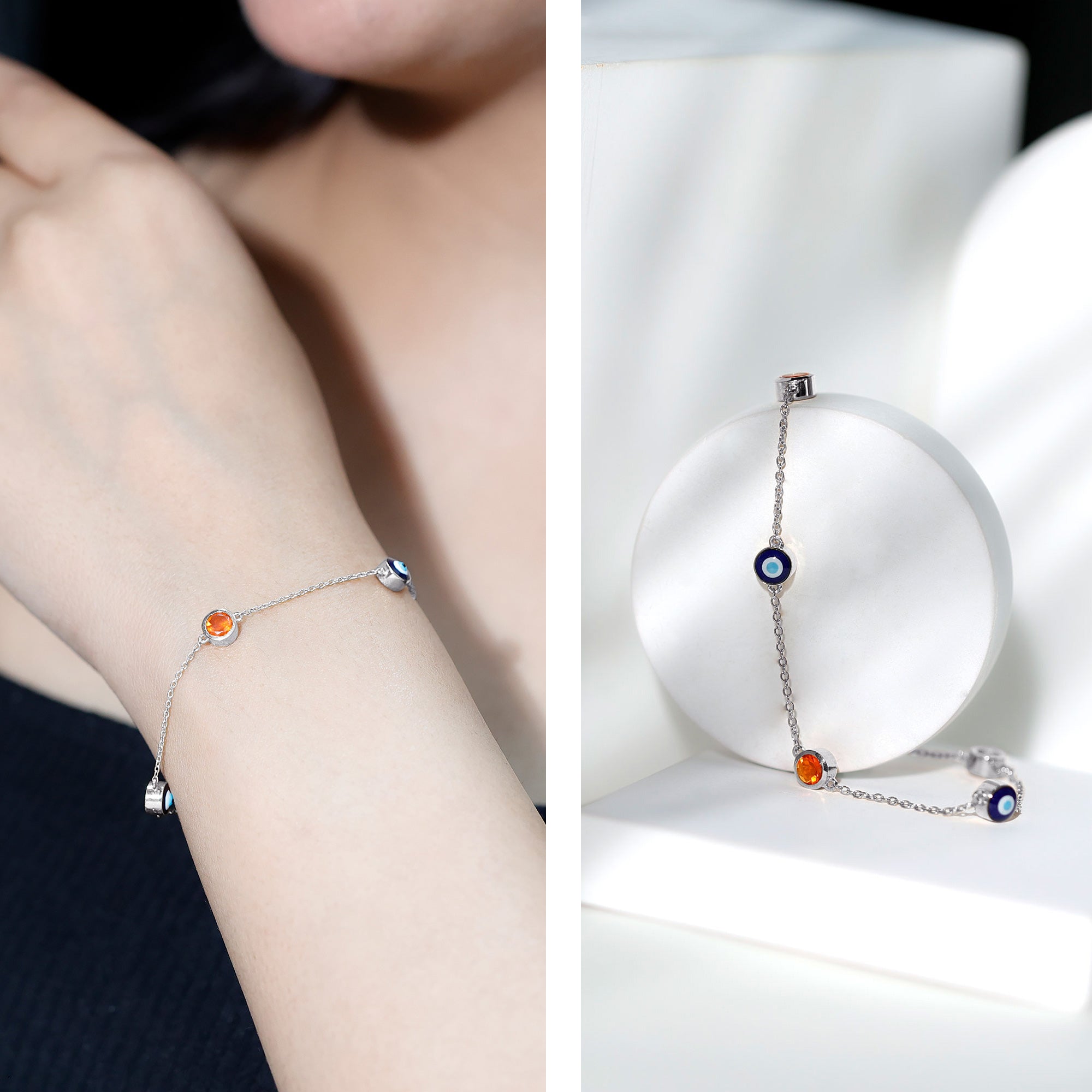 Bezel Set Fire Opal Evil Eye Station Bracelet for Women AAA - Rosec Jewels