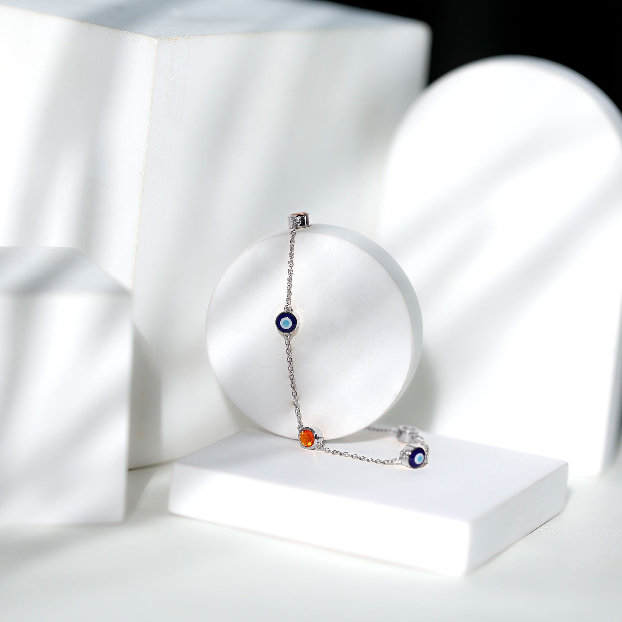 Bezel Set Fire Opal Evil Eye Station Bracelet for Women AAA - Rosec Jewels