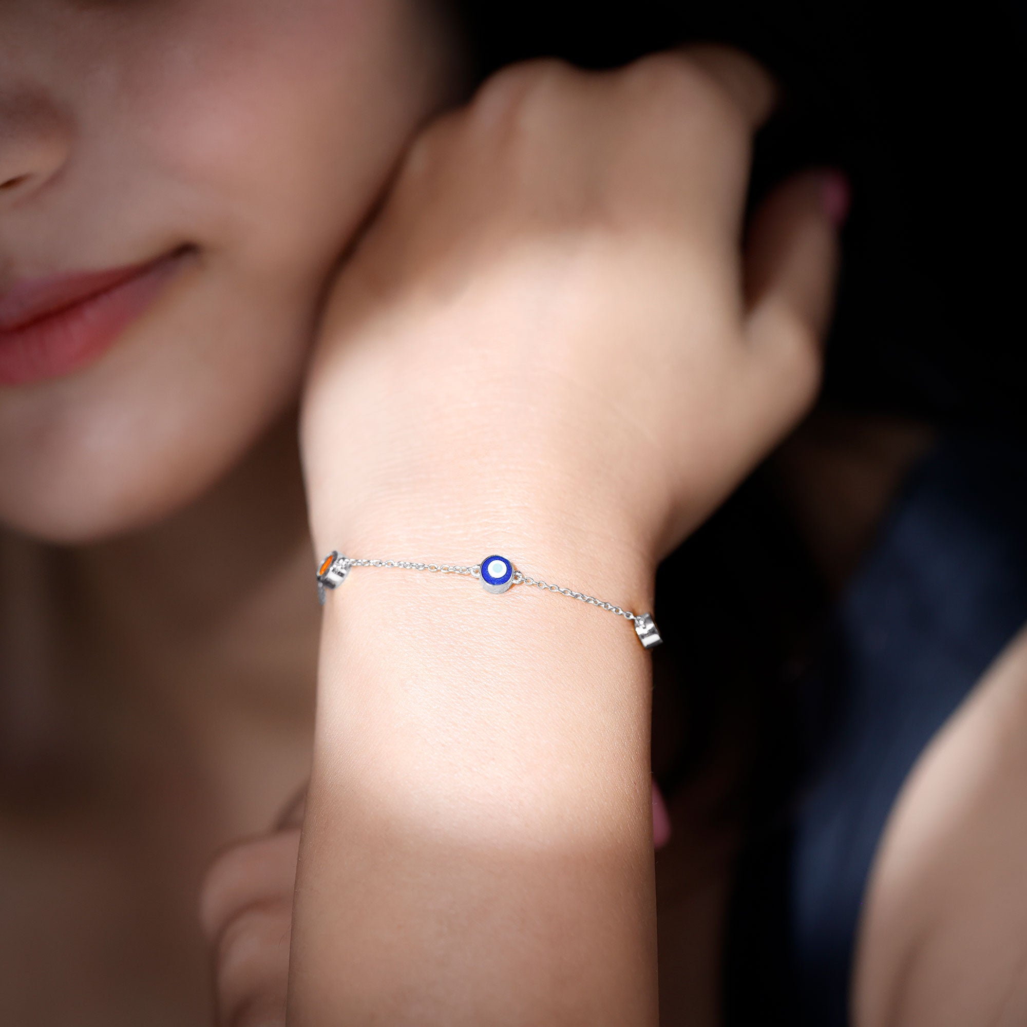 Bezel Set Fire Opal Evil Eye Station Bracelet for Women AAA - Rosec Jewels
