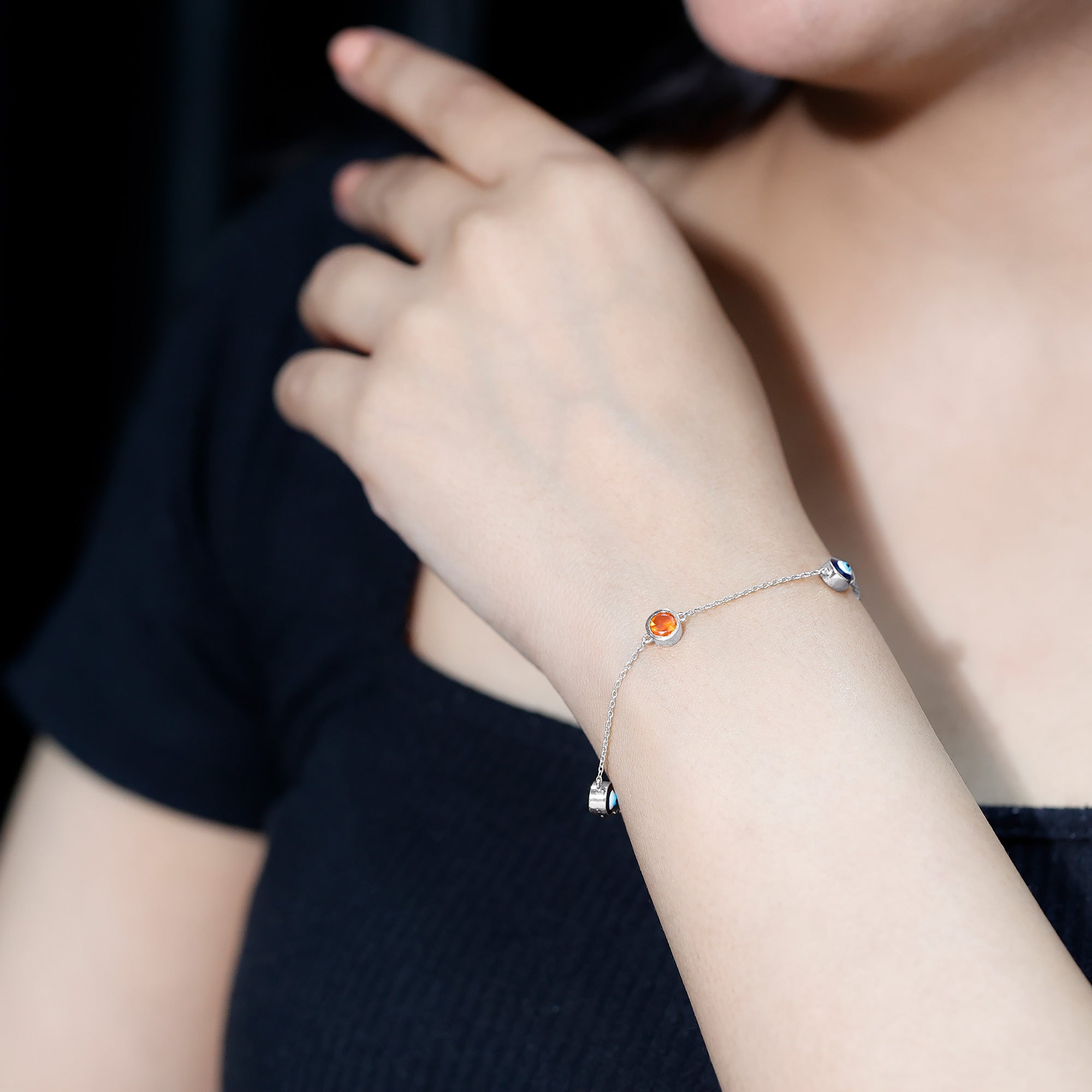 Bezel Set Fire Opal Evil Eye Station Bracelet for Women AAA - Rosec Jewels