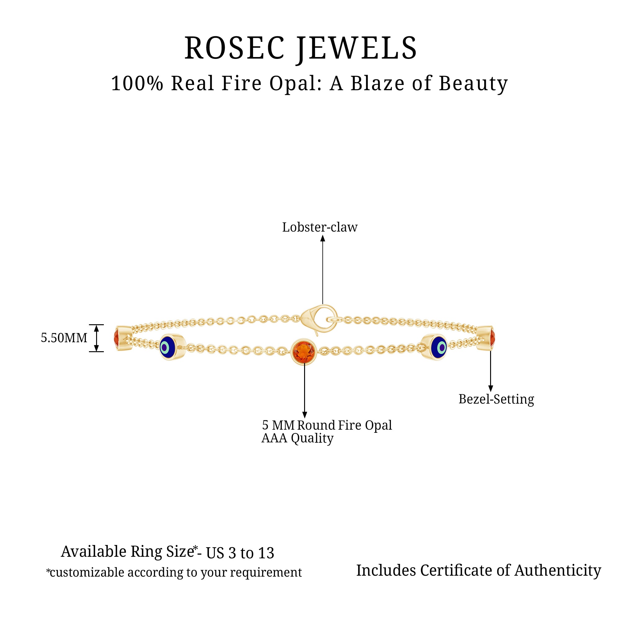 Bezel Set Fire Opal Evil Eye Station Bracelet for Women AAA - Rosec Jewels