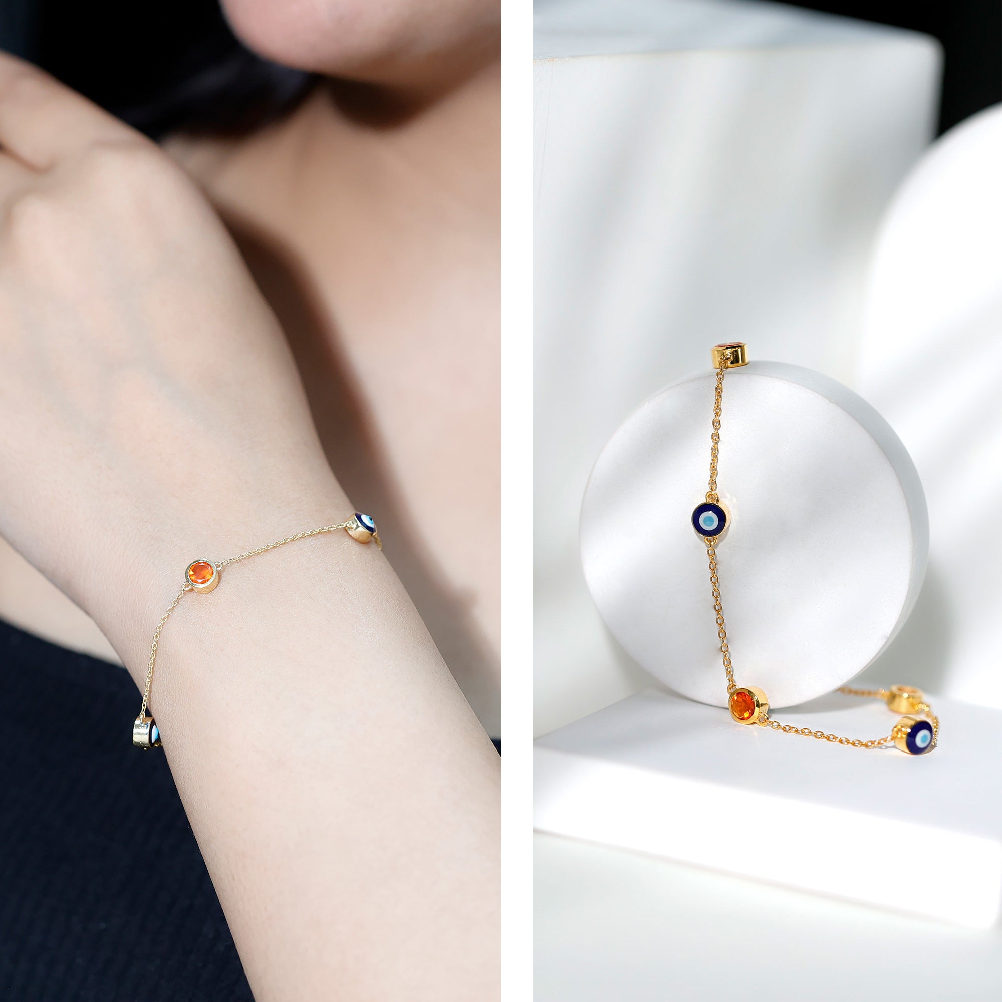 Bezel Set Fire Opal Evil Eye Station Bracelet for Women AAA - Rosec Jewels
